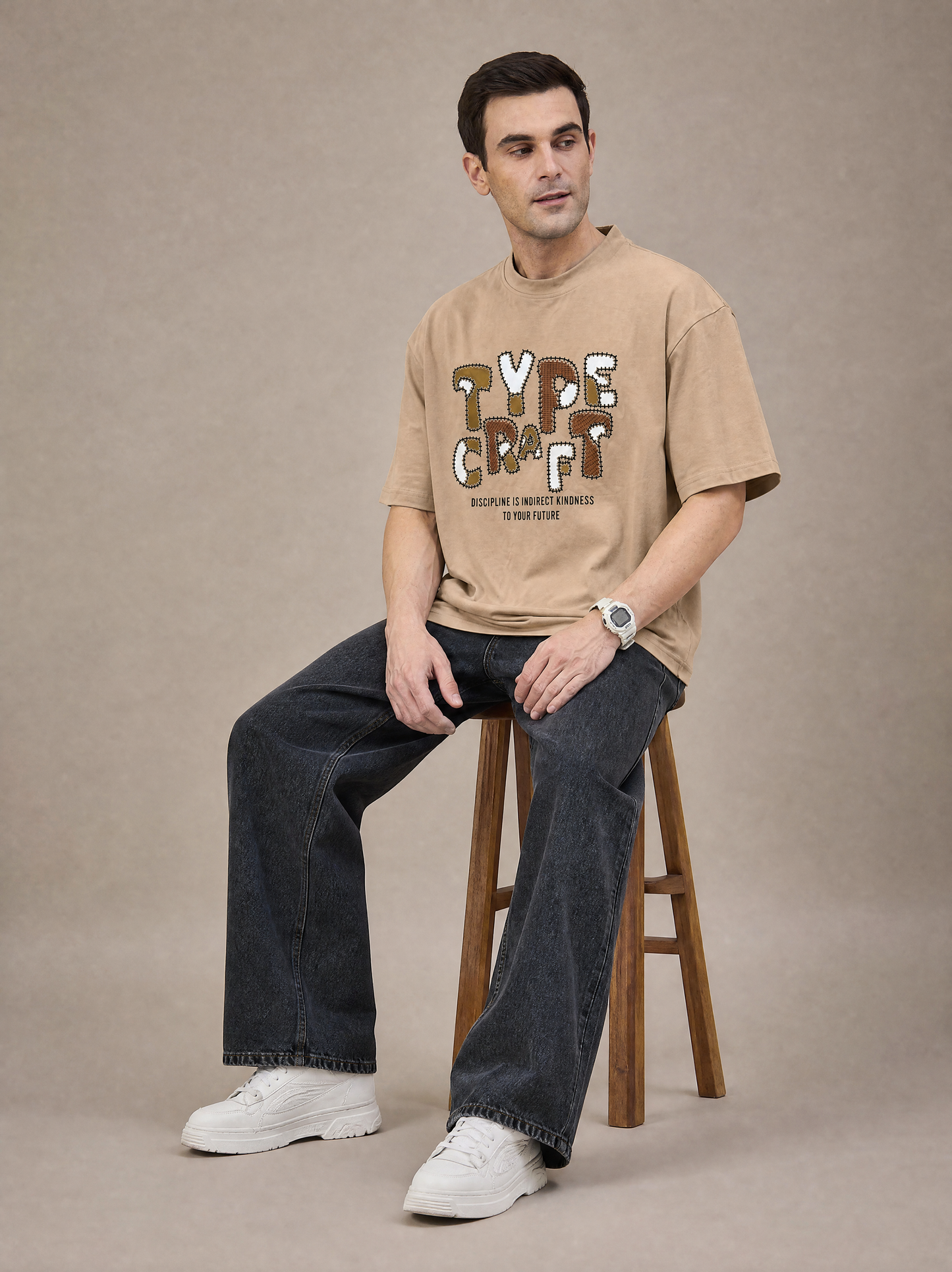 Men Oversized Printed Round Neck Drop shoulder T-shirt Beige