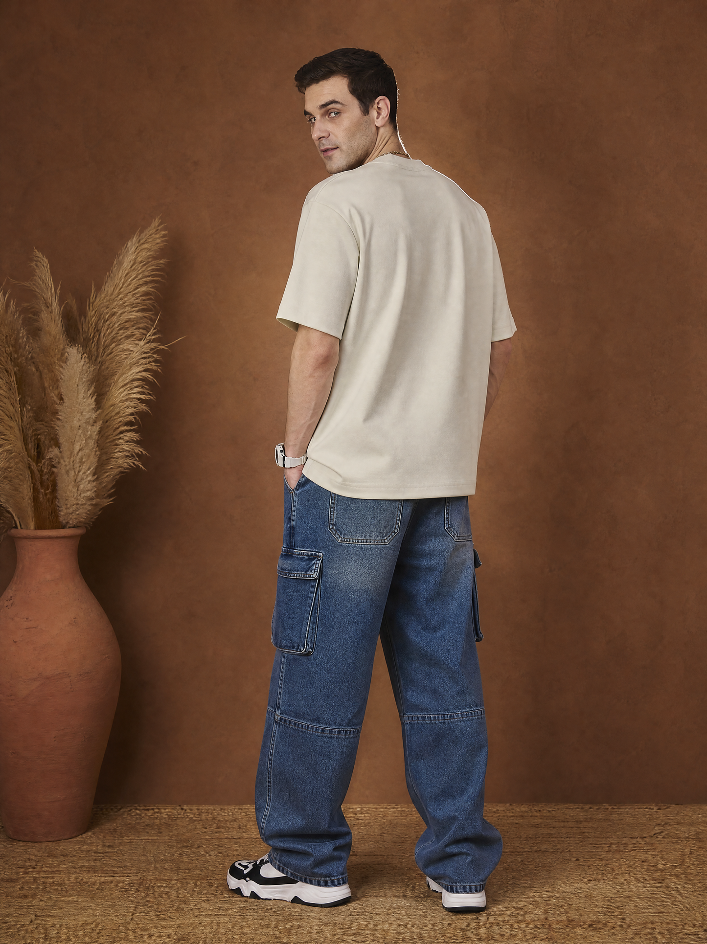 Men Oversize Printed Round Neck T-shirt Off White