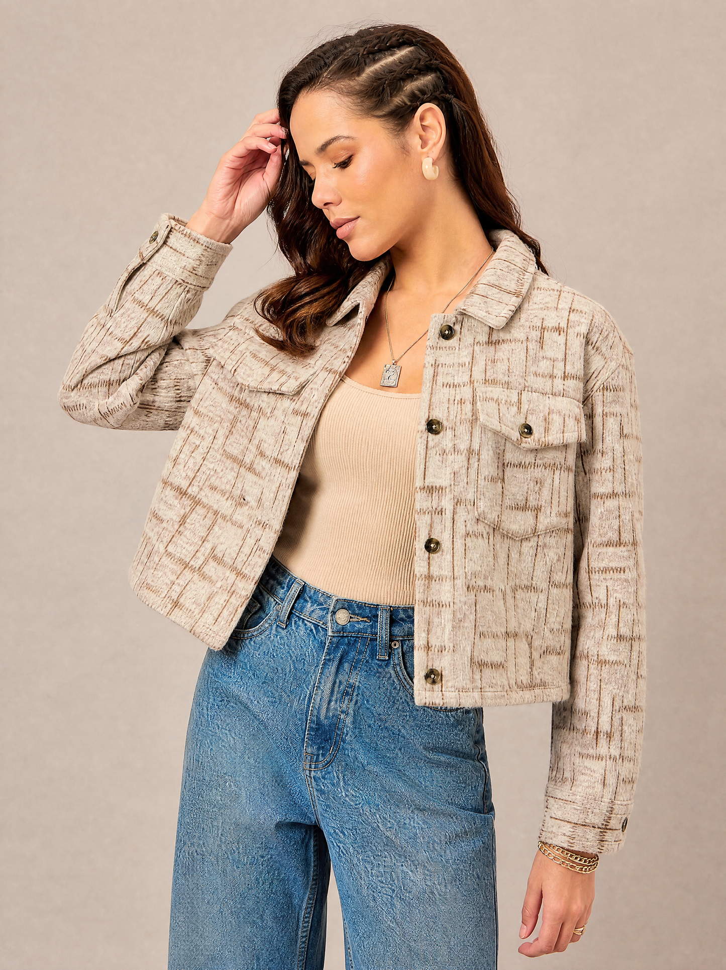 Women Textured Jacket Beige