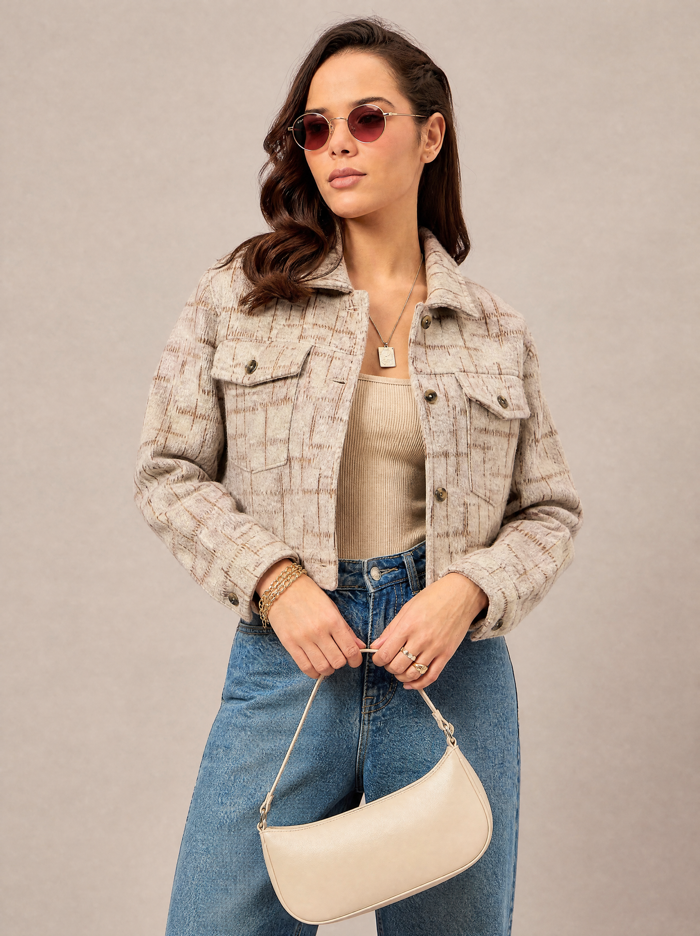 Women Textured Jacket Beige