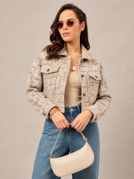 Women Textured Jacket Beige