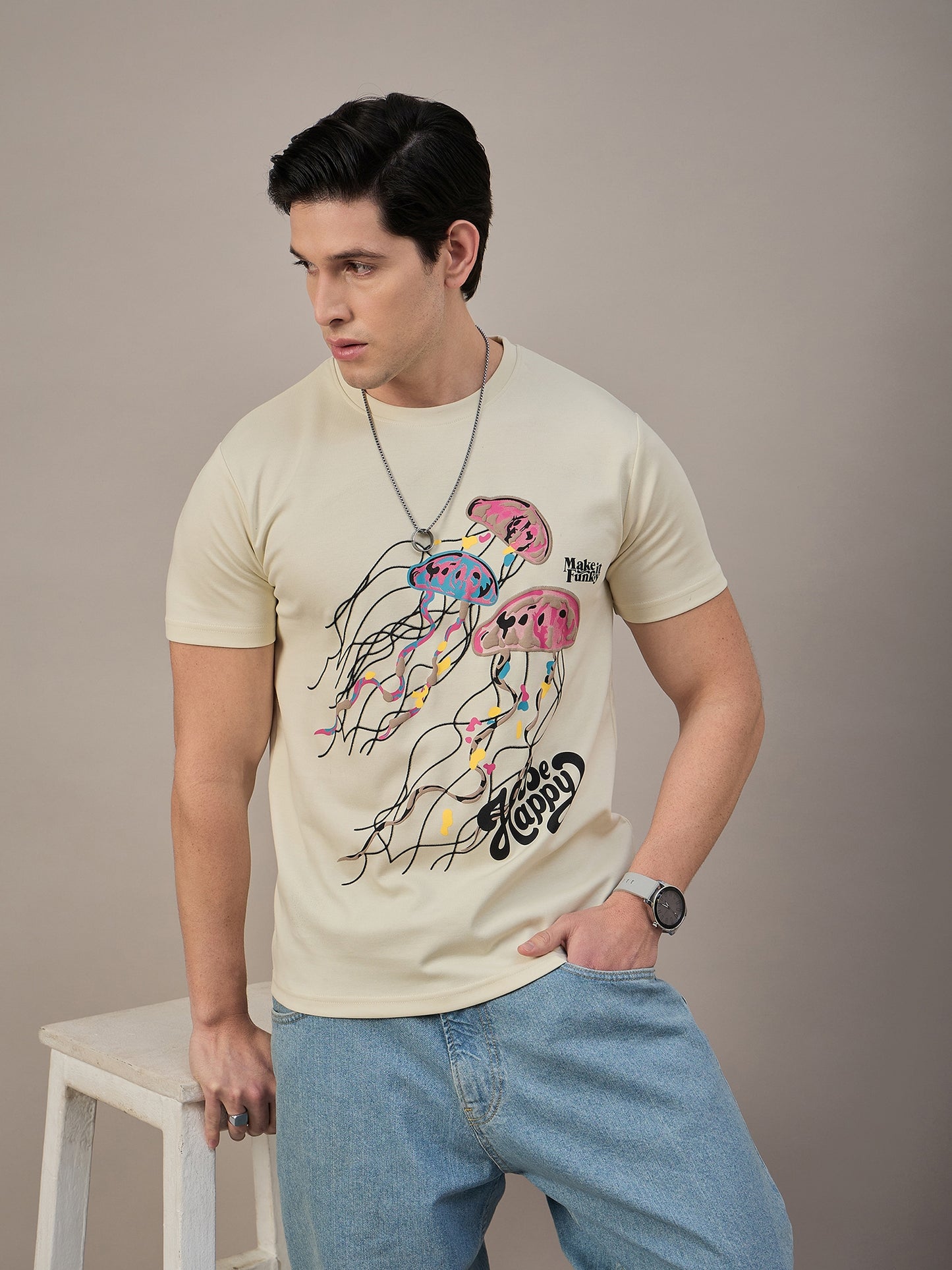Mens Round Neck T-shirt Cream