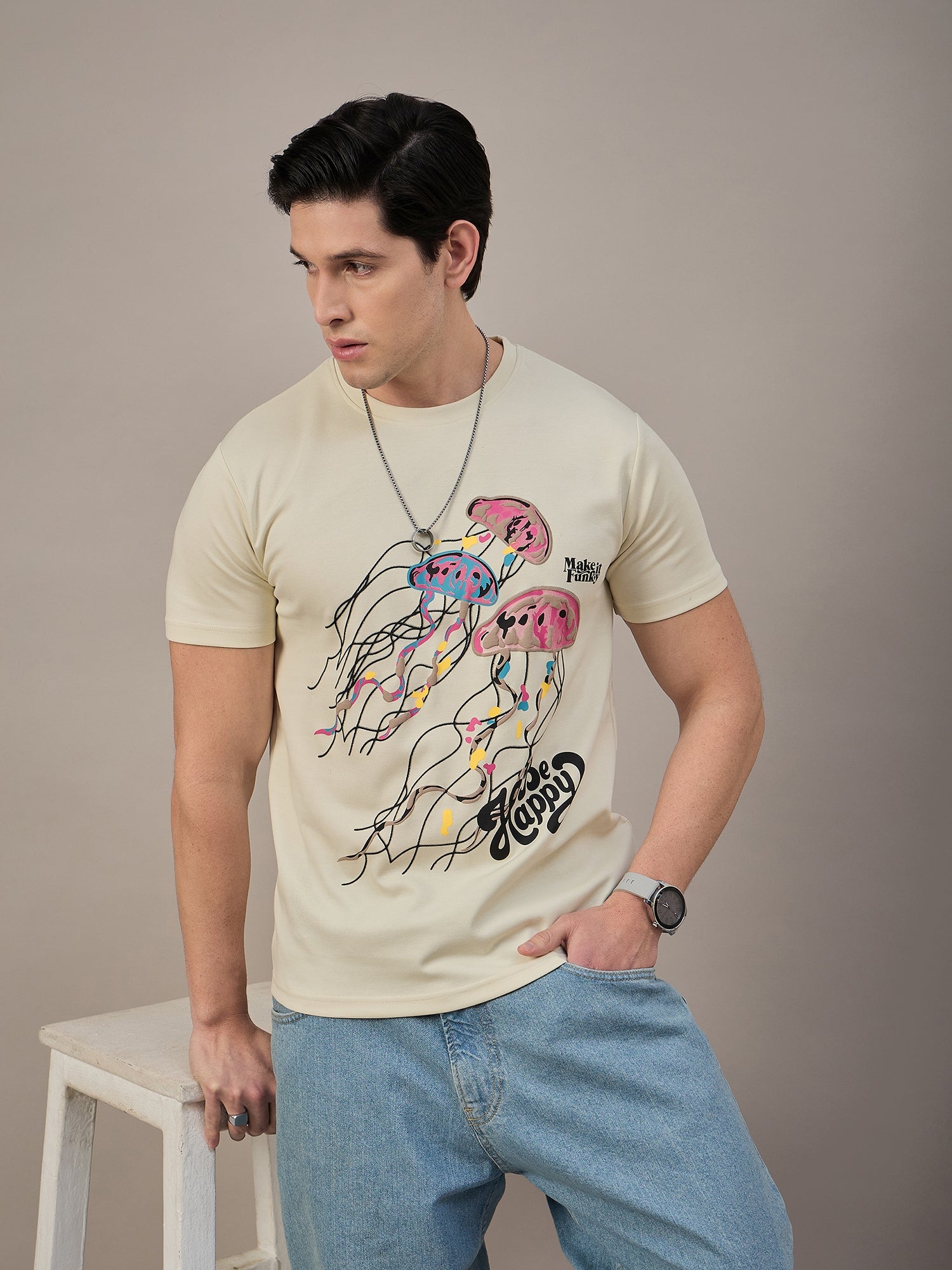 Mens Round Neck T-shirt Cream