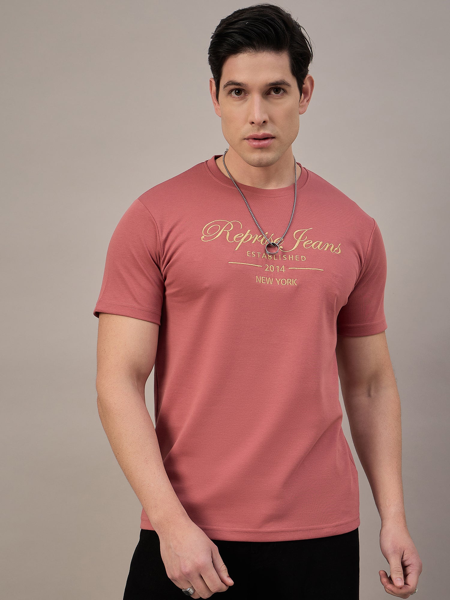 Mens Round Neck T-shirt Coral