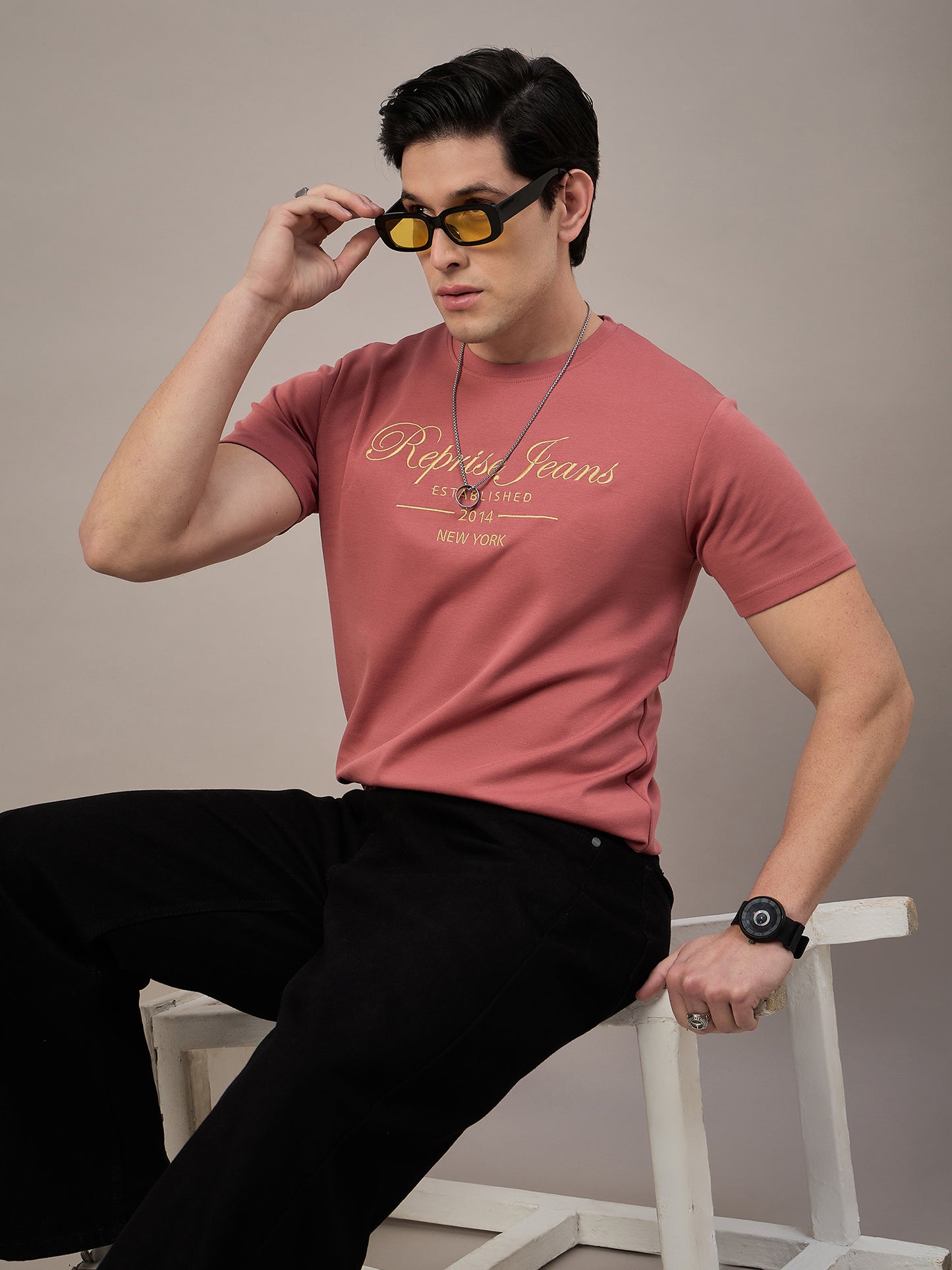 Mens Round Neck T-shirt Coral