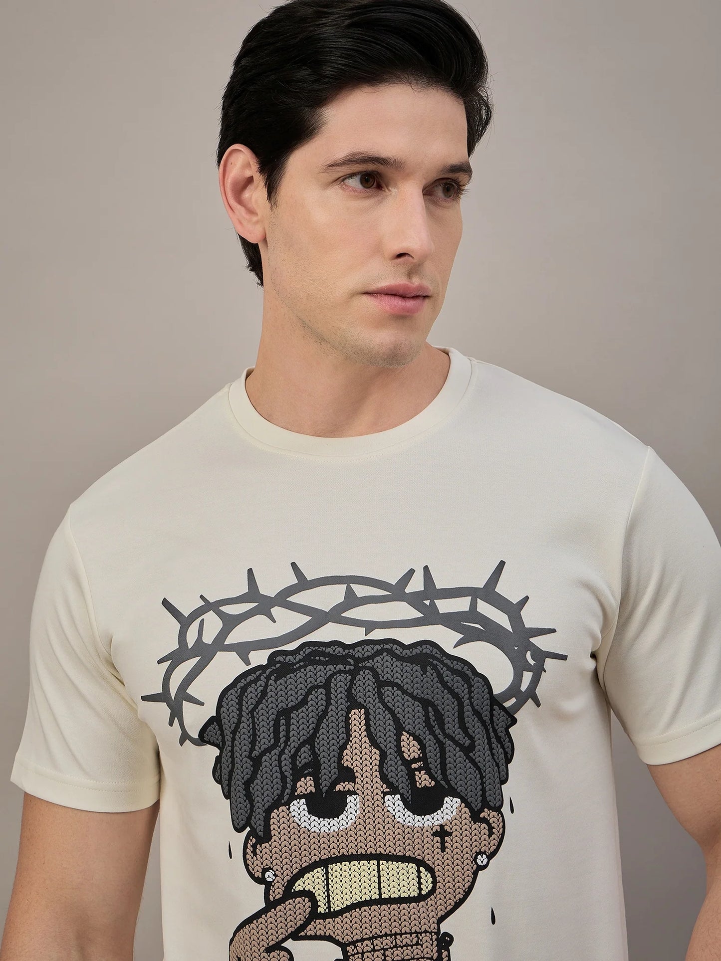 Men Printed Round Neck T-shirt off White