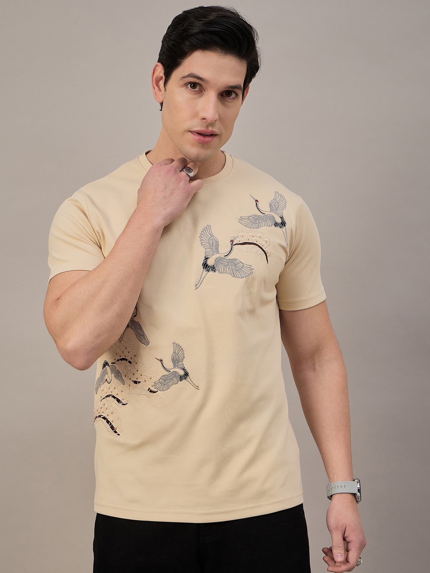 Mens Round Neck T-shirt Beige