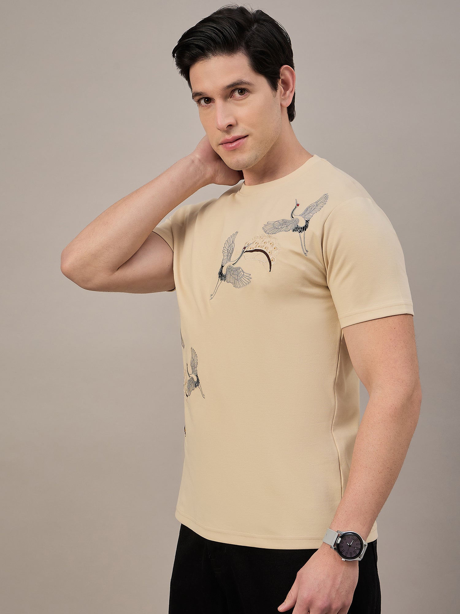 Mens Round Neck T-shirt Beige