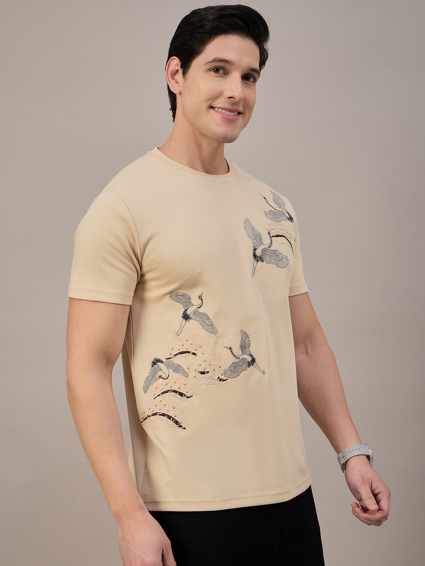 Beige Round-Neck T-Shirt for Men