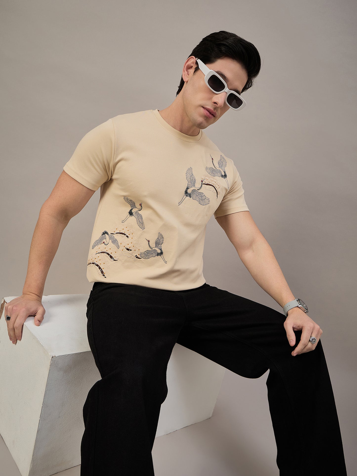 Beige Round-Neck T-Shirt for Men