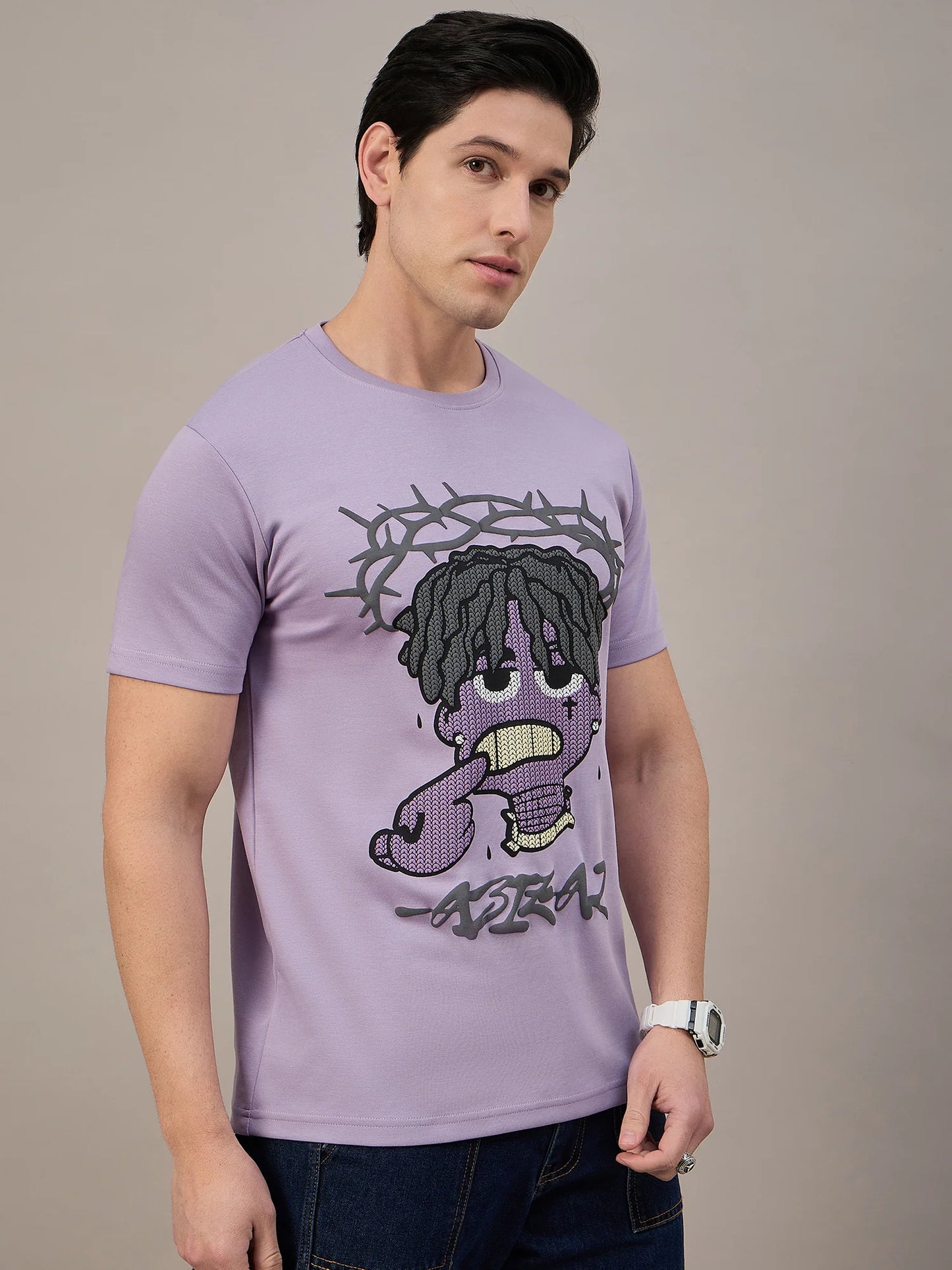 Men Printed Round Neck T-shirt Lilac