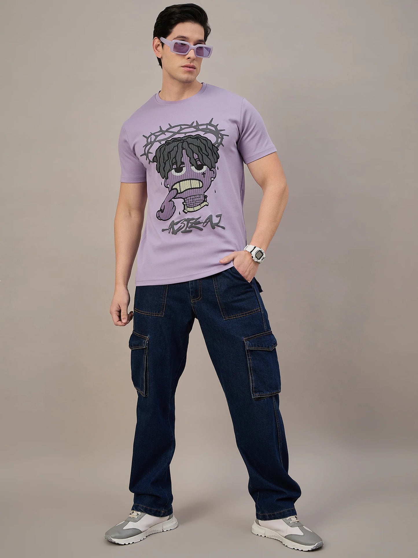 Men Printed Round Neck T-shirt Lilac