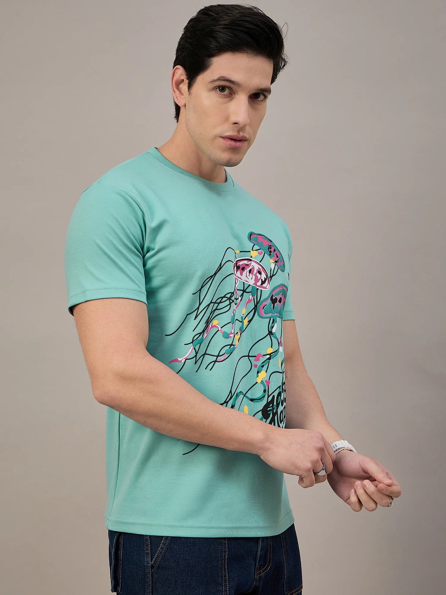 Men Printed Round Neck T-shirt Sky Blue