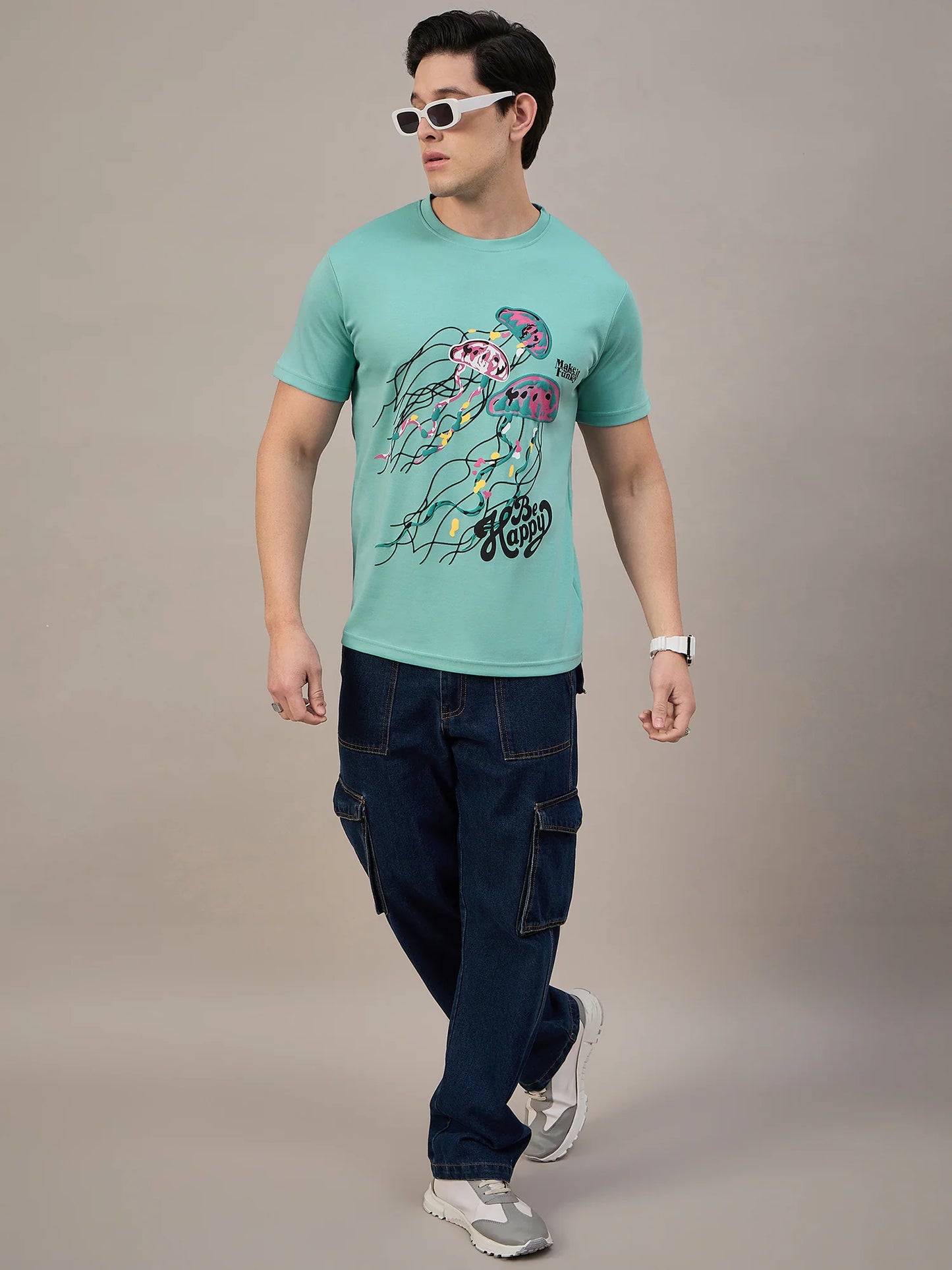 Men Printed Round Neck T-shirt Sky Blue