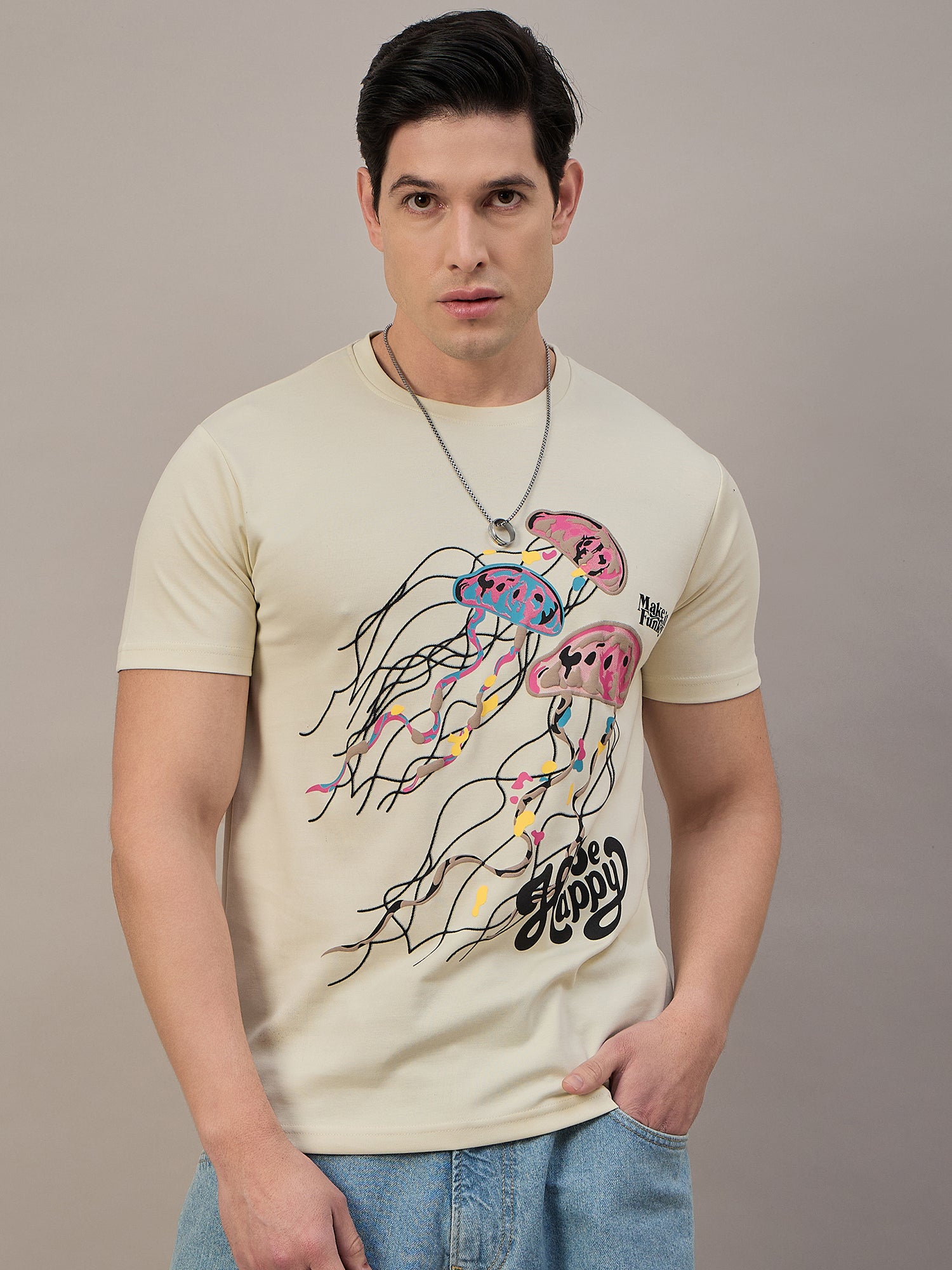 Mens Round Neck T-shirt Cream