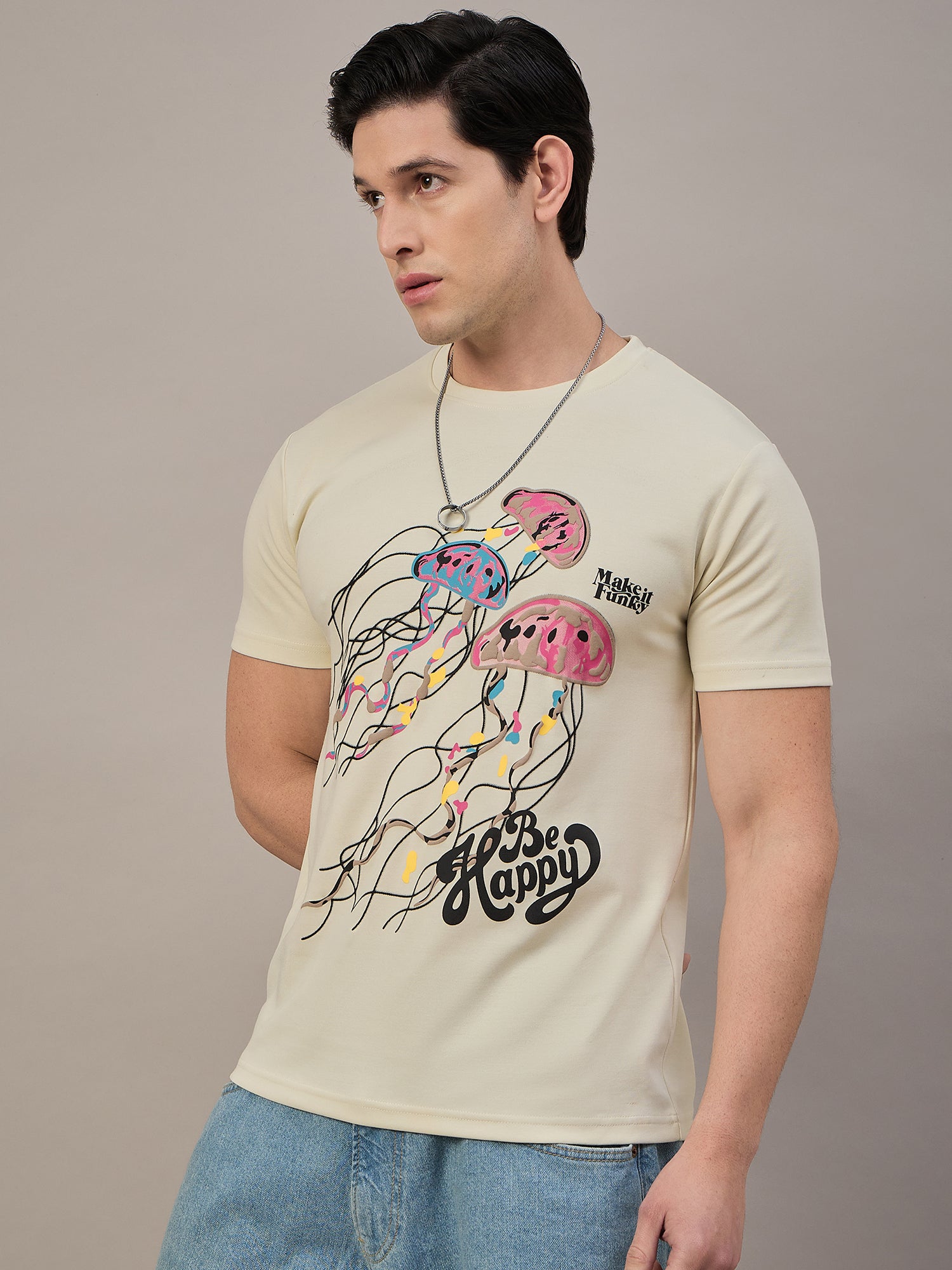 Mens Round Neck T-shirt Cream