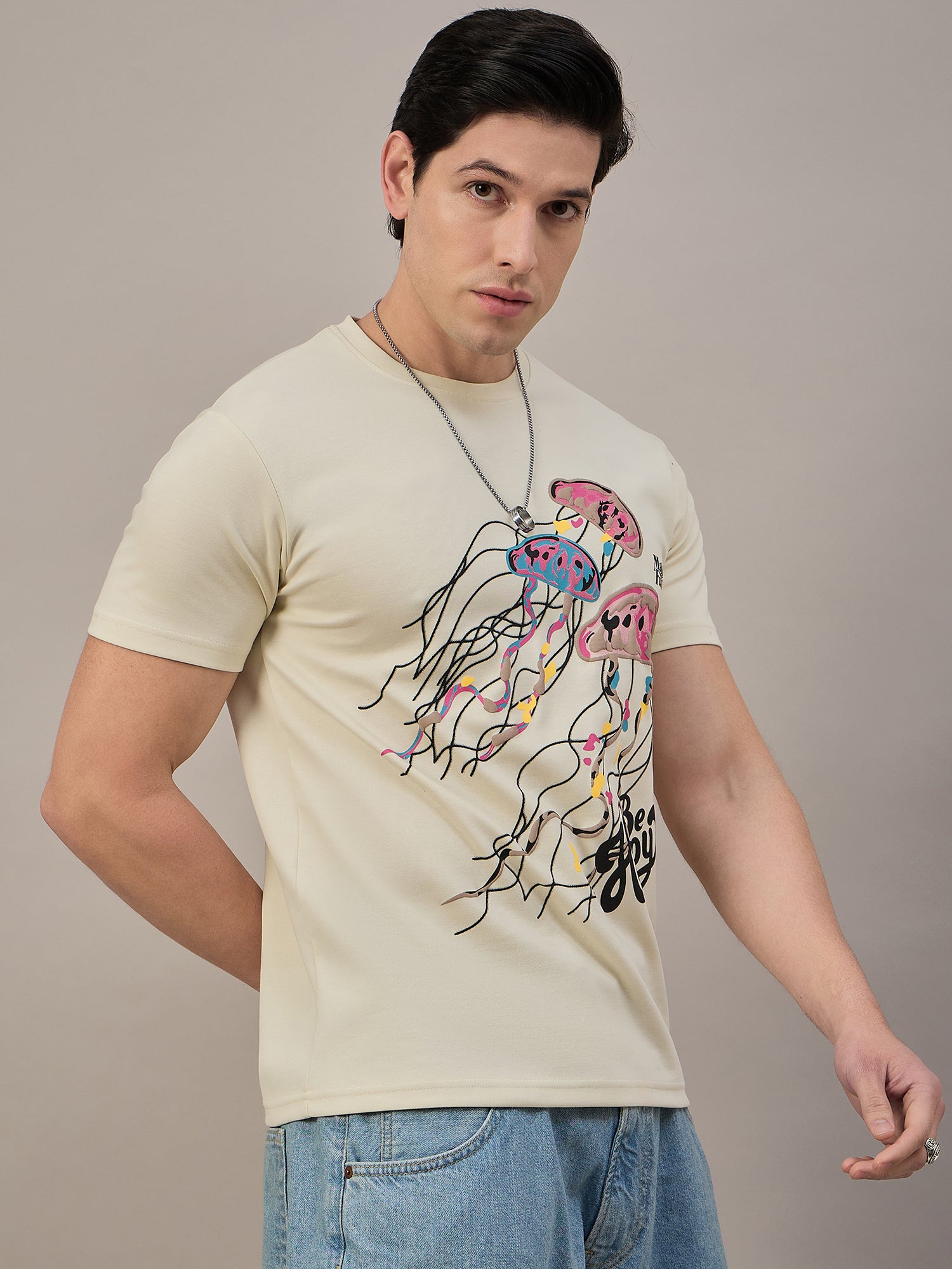 Mens Round Neck T-shirt Cream