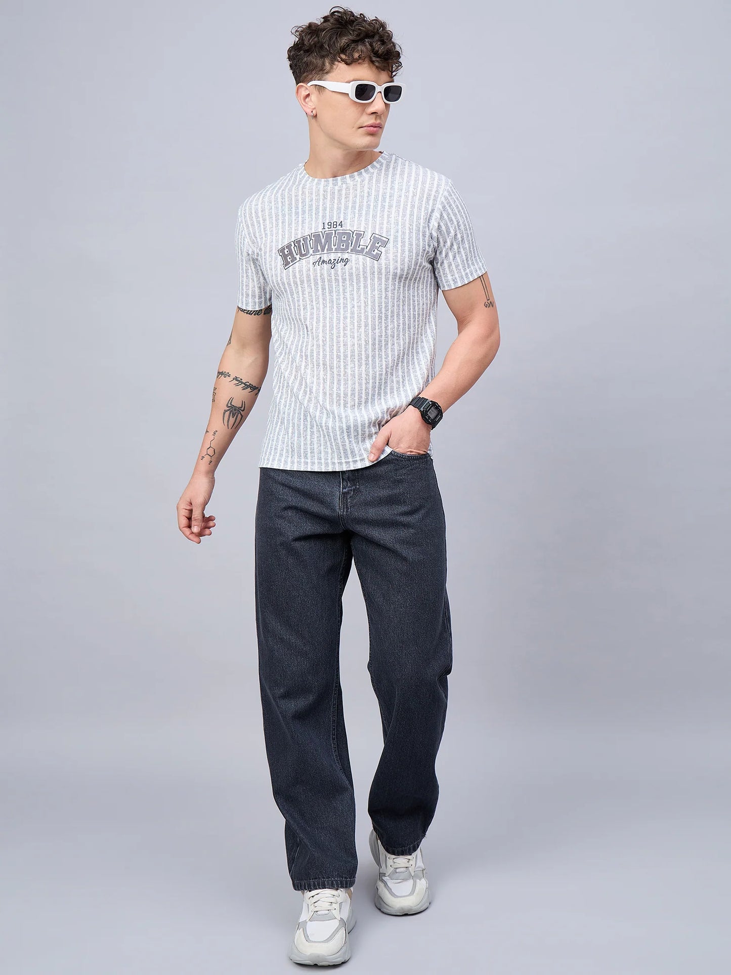 Mens Striped T-shirt Light Grey