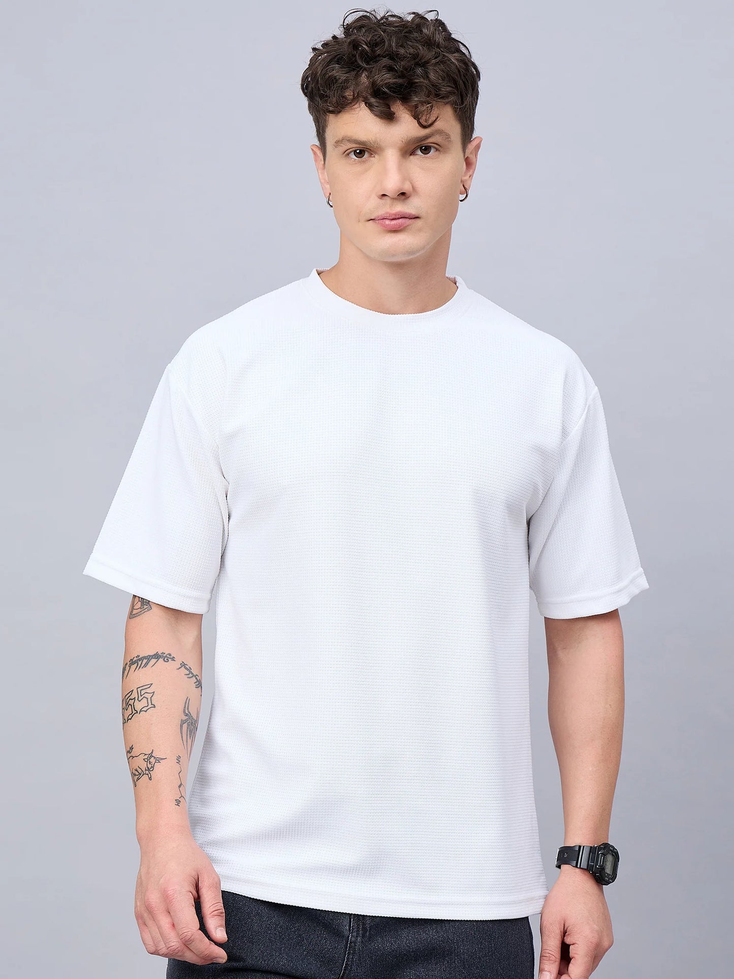 Men Textured Oversized Round Neck Drop Shoulder T-shirt White