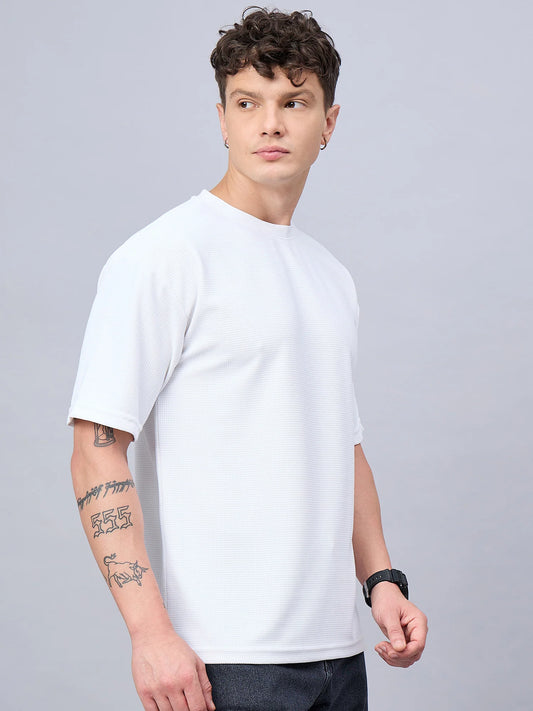 Men Textured Oversized Round Neck Drop Shoulder T-shirt White