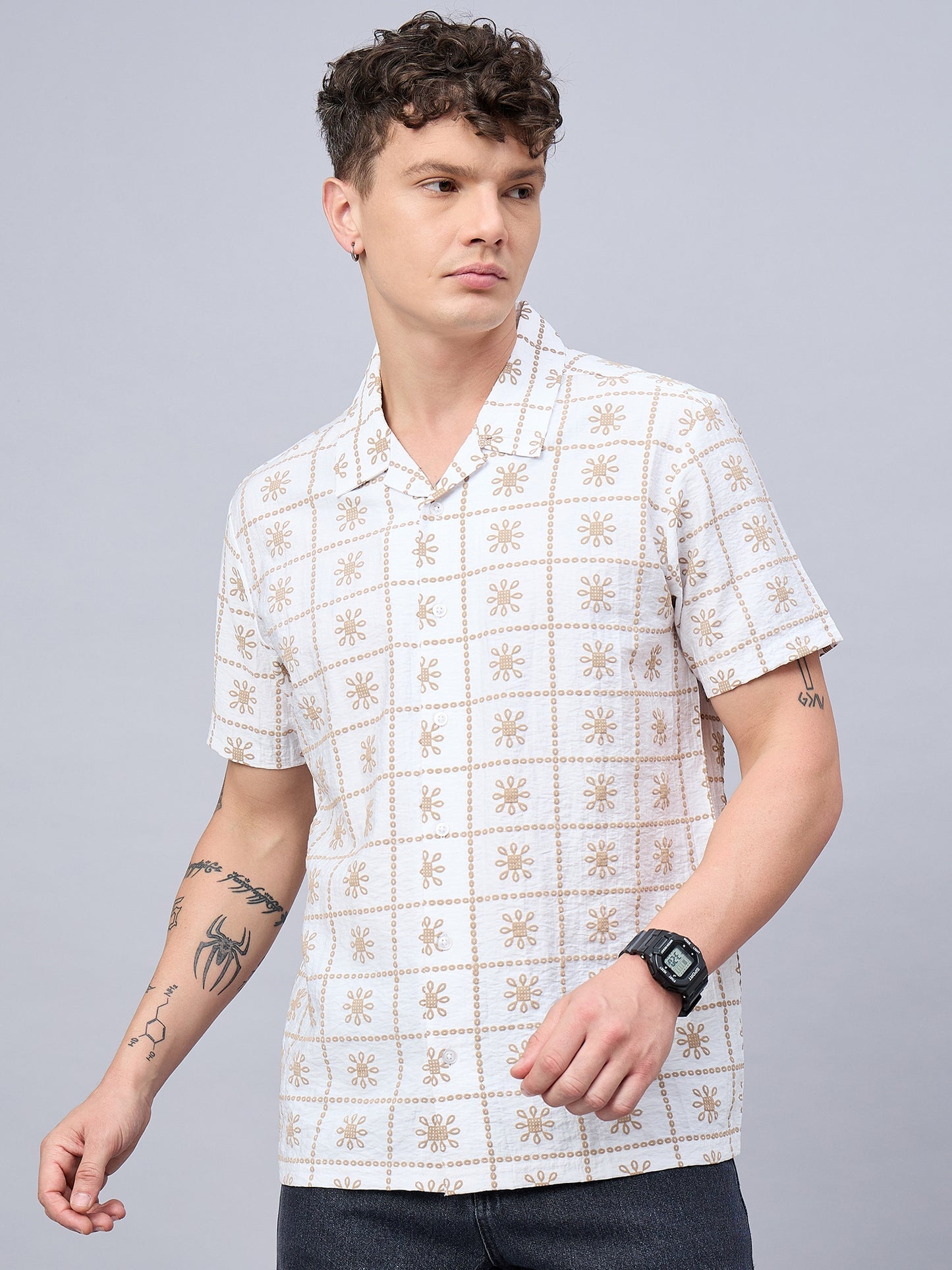 Men White  Self Design Printed Half Sleeve Shirt - Reprise