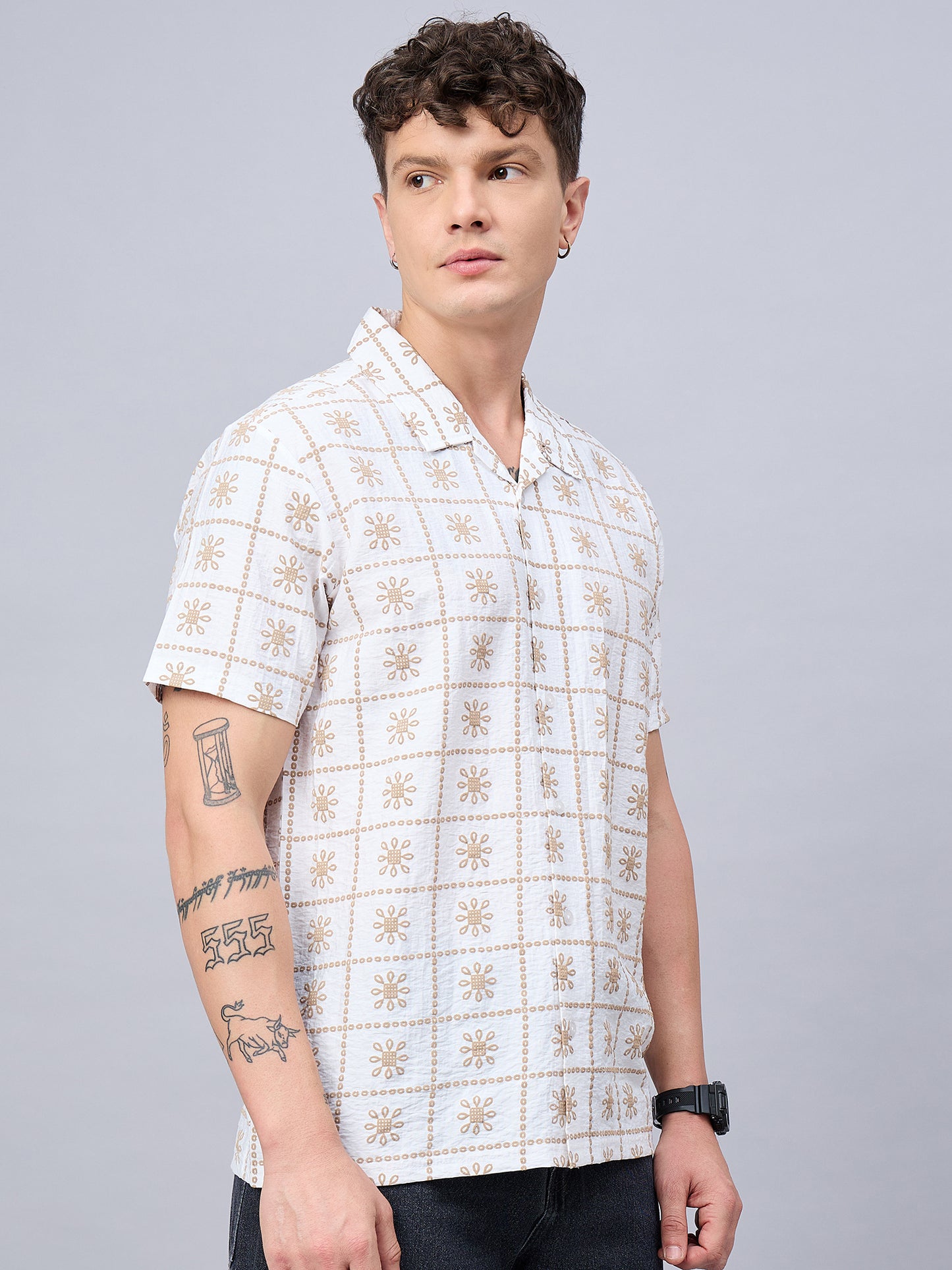 Men White  Self Design Printed Half Sleeve Shirt - Reprise