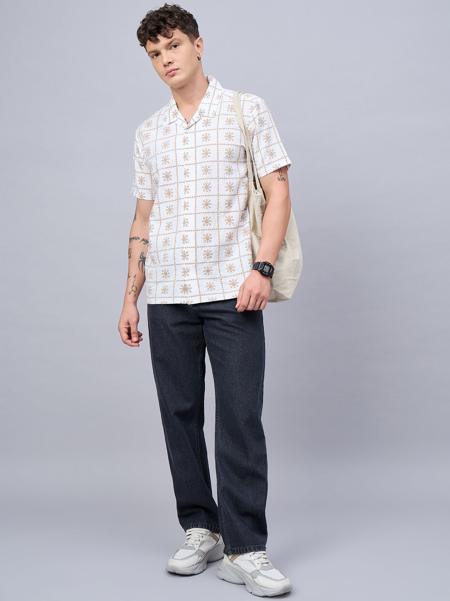 Men White  Self Design Printed Half Sleeve Shirt - Reprise