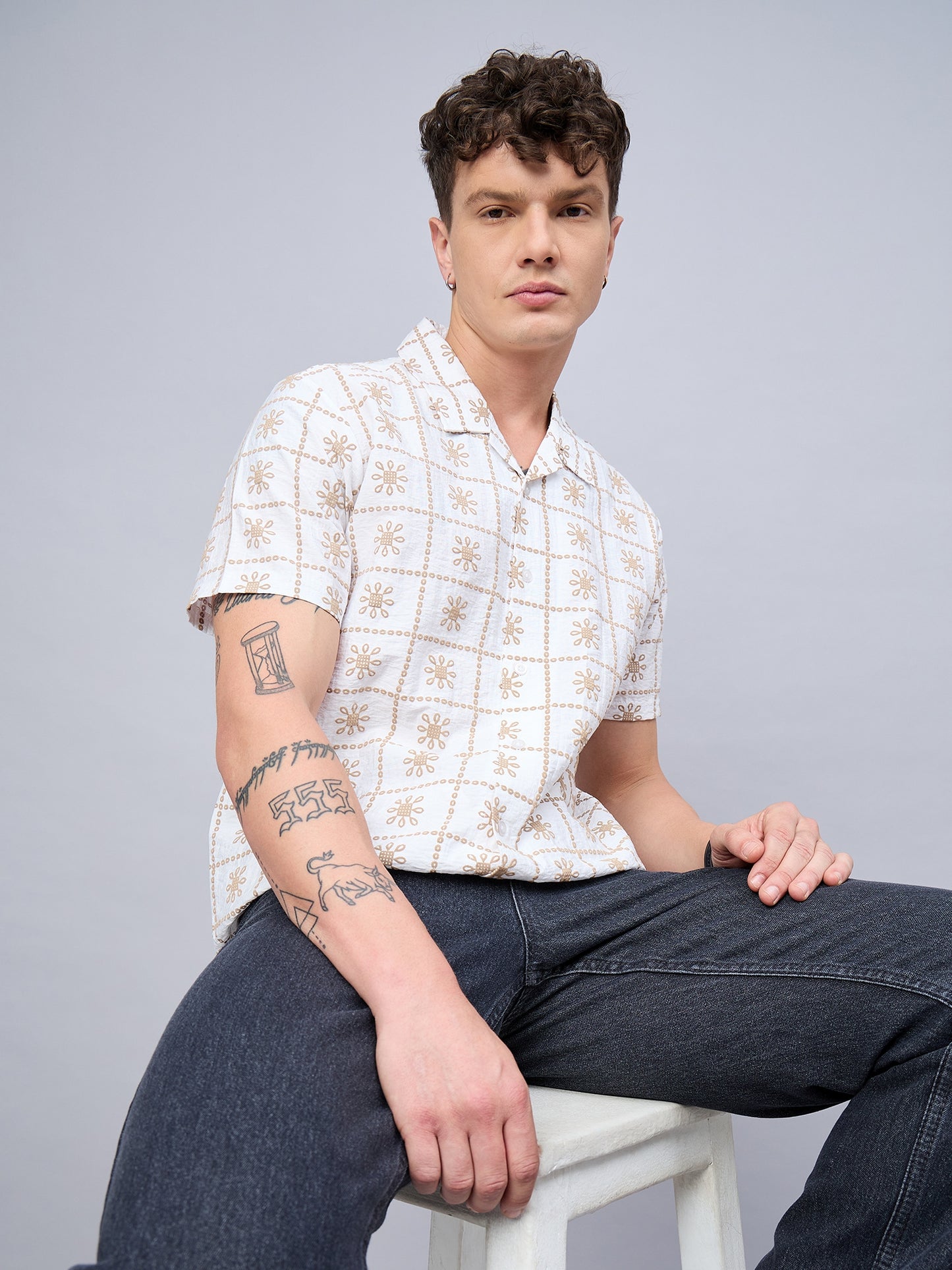 Men White  Self Design Printed Half Sleeve Shirt - Reprise