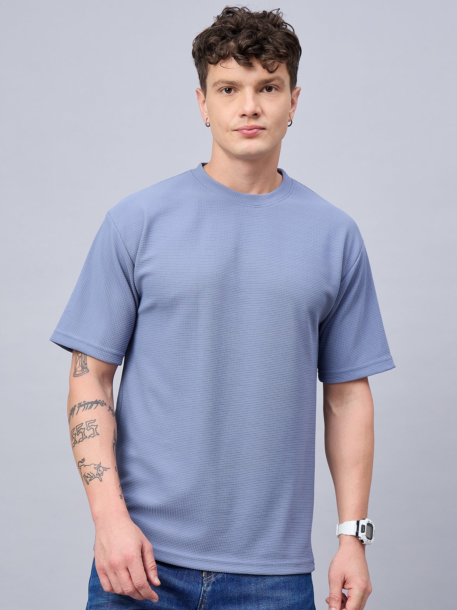 Men Oversized Round Neck Drop Shoulder T-shirt Blue