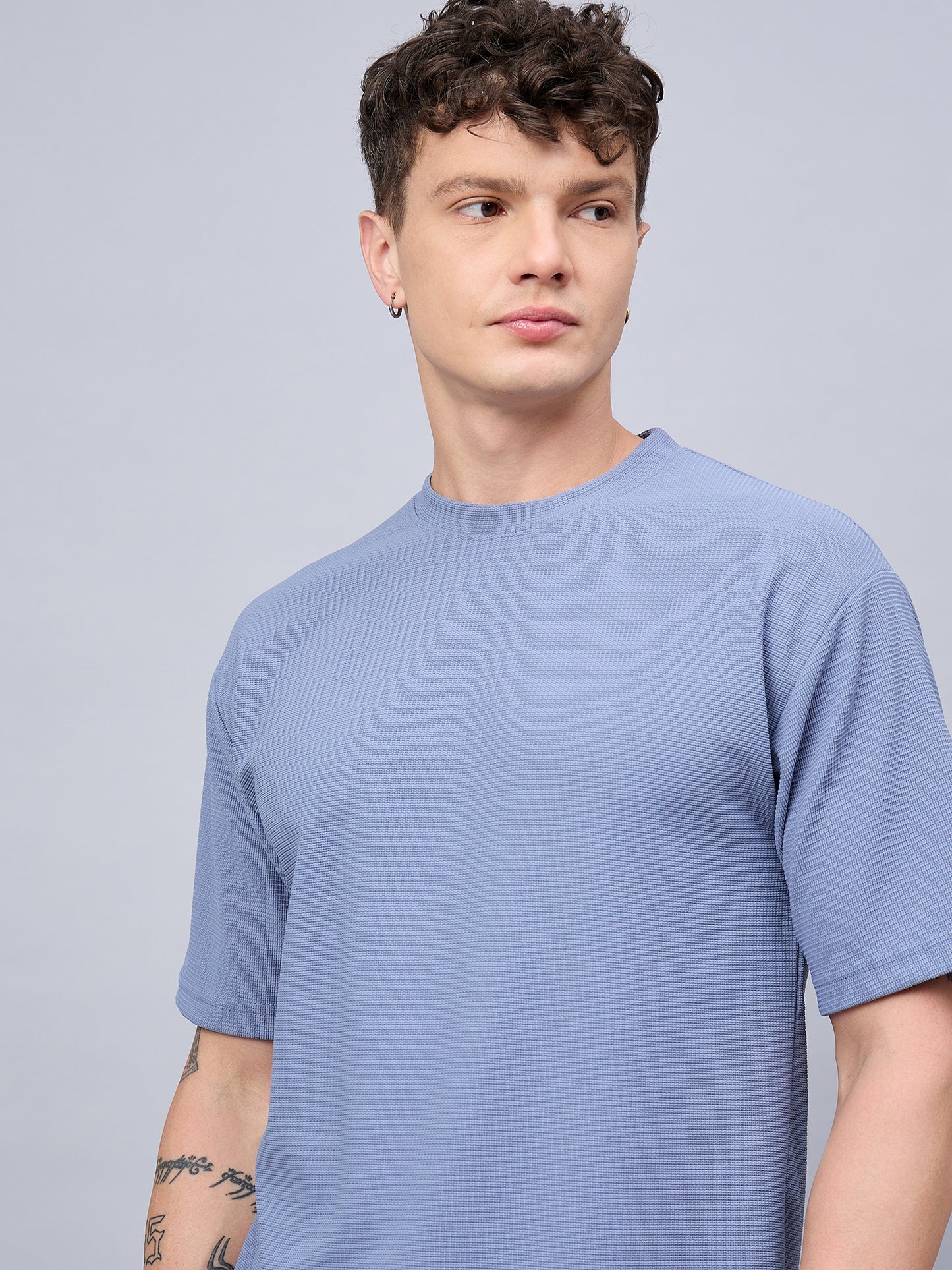 Men Oversized Round Neck Drop Shoulder T-shirt Blue