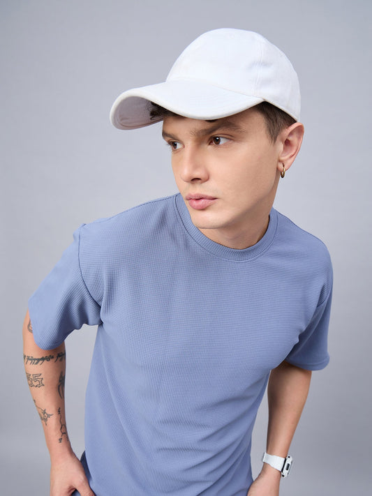 Men Oversized Textured Round Neck Drop Shoulder T-shirt Blue