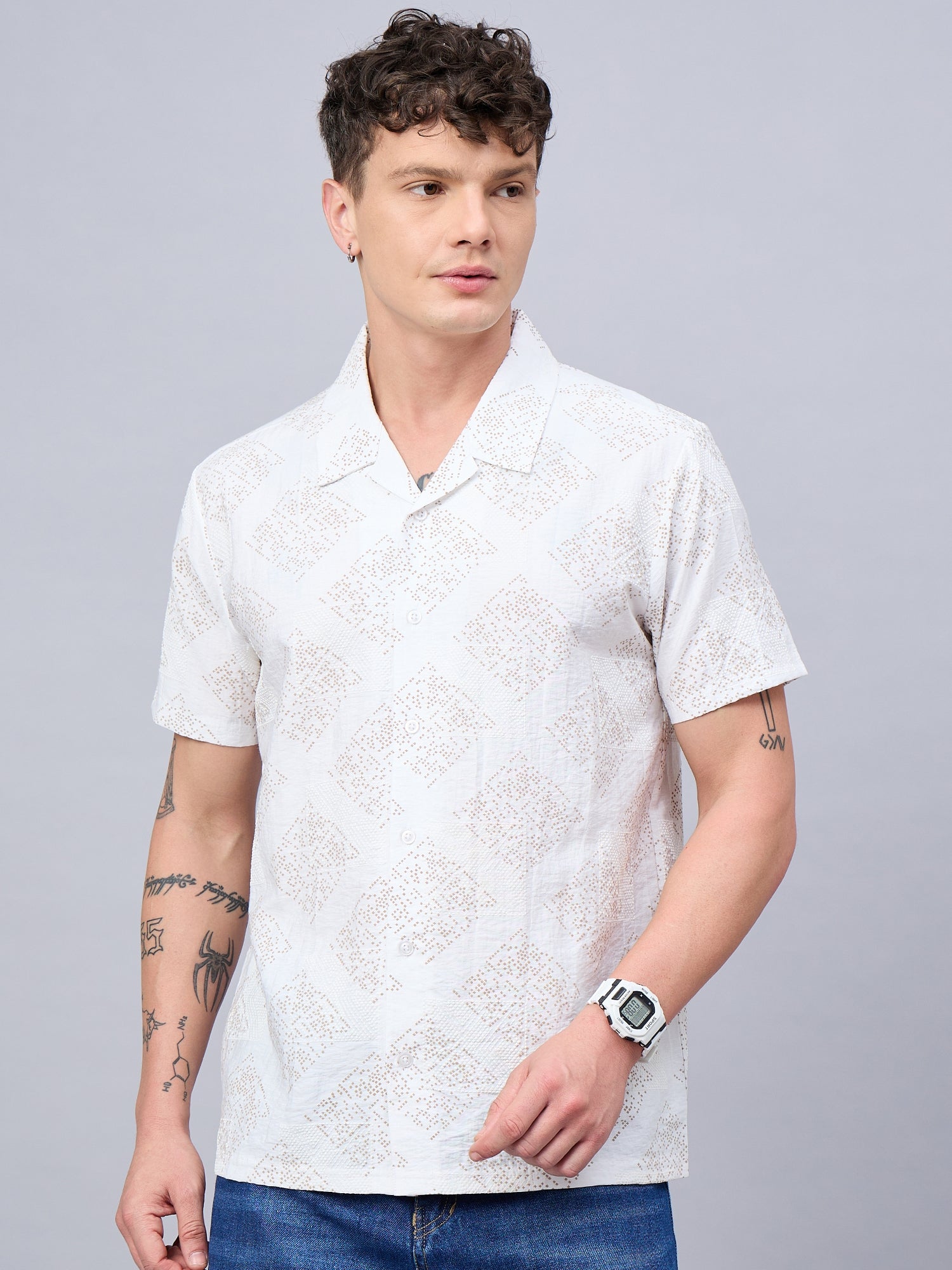 Men Self Design Printed Half Sleeve White Shirt - Reprise
