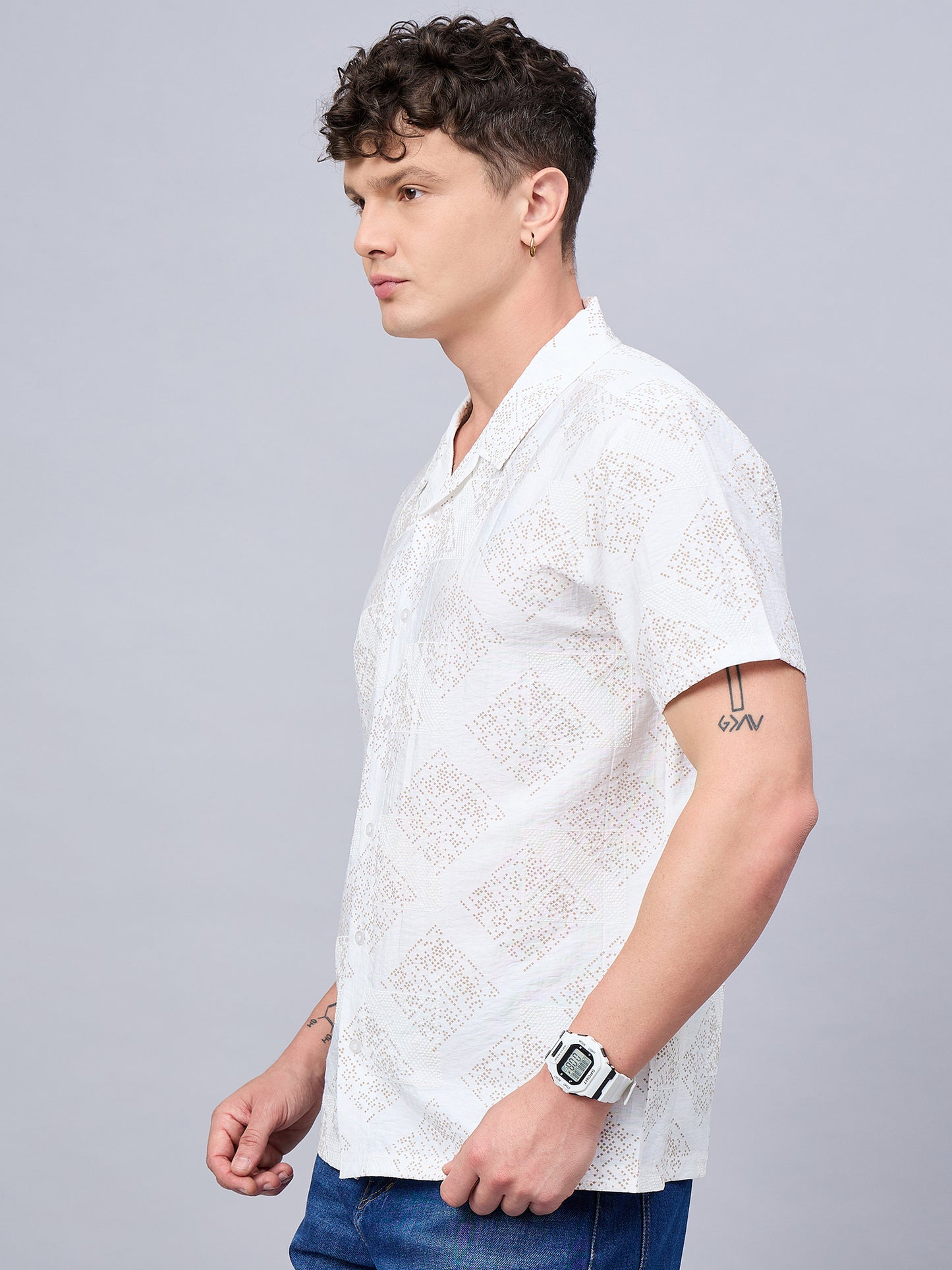 Men Self Design Printed Half Sleeve White Shirt - Reprise