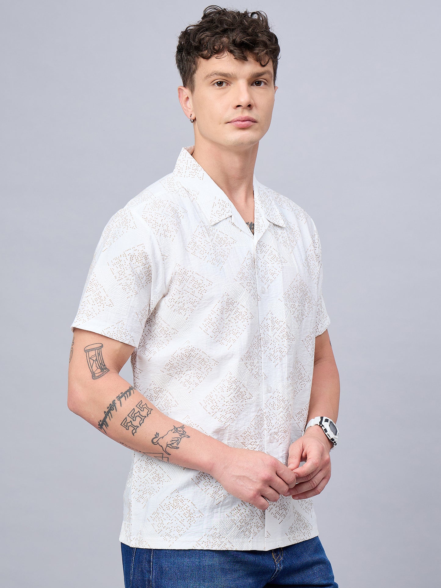 Men Self Design Printed Half Sleeve White Shirt - Reprise