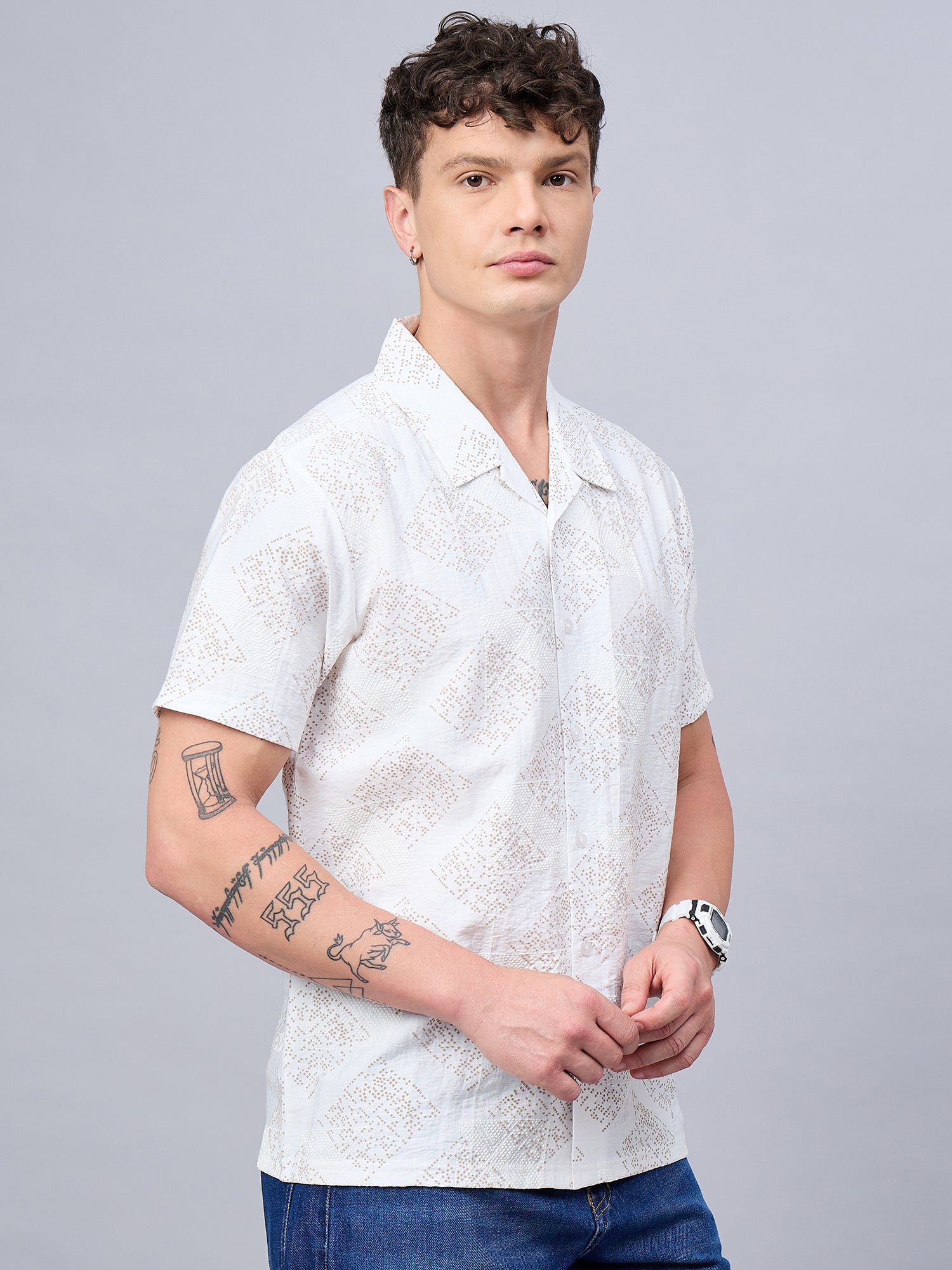 Men Self Design Printed Half Sleeve White Shirt - Reprise