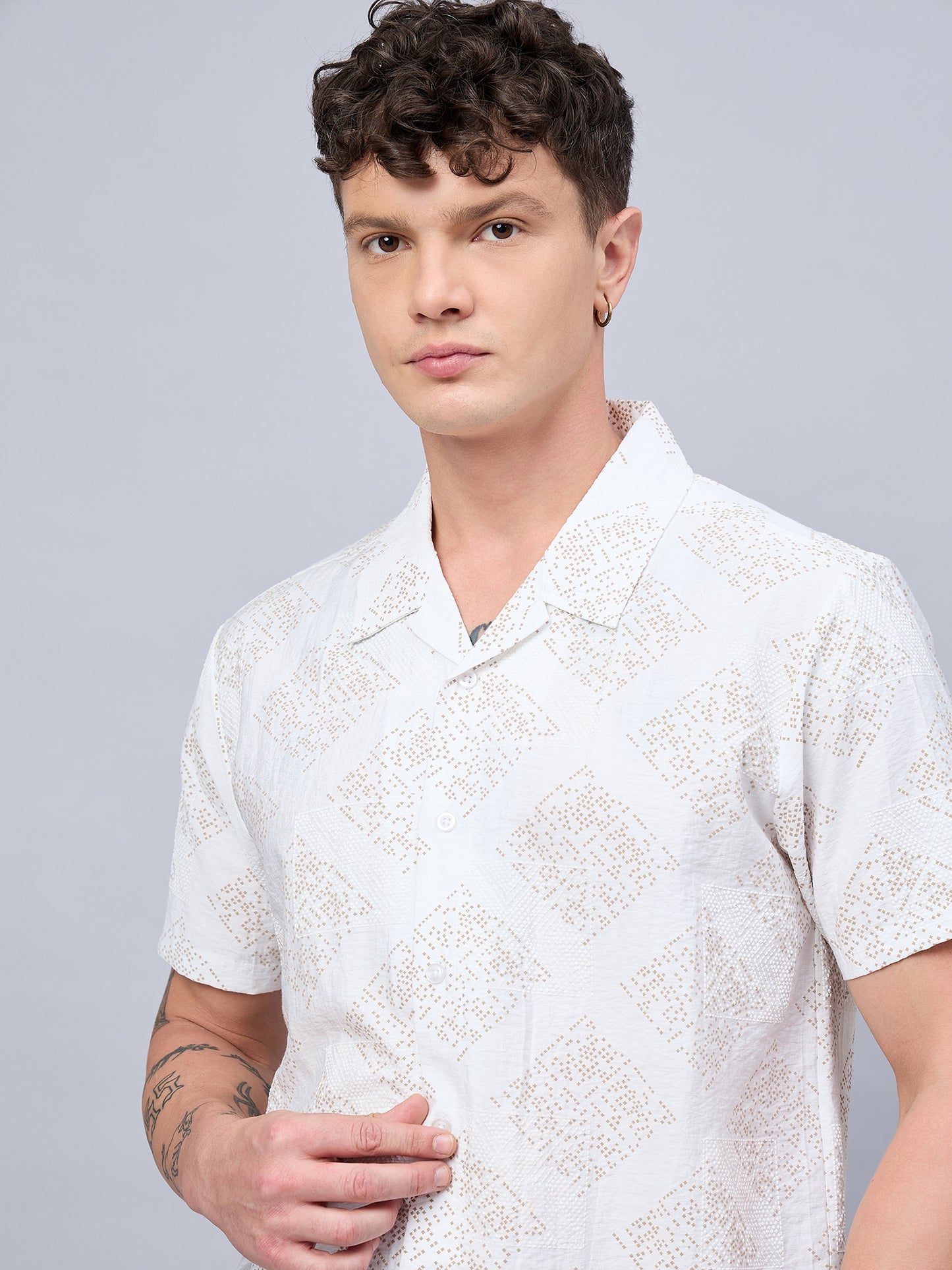 Men Self Design Printed Half Sleeve White Shirt - Reprise