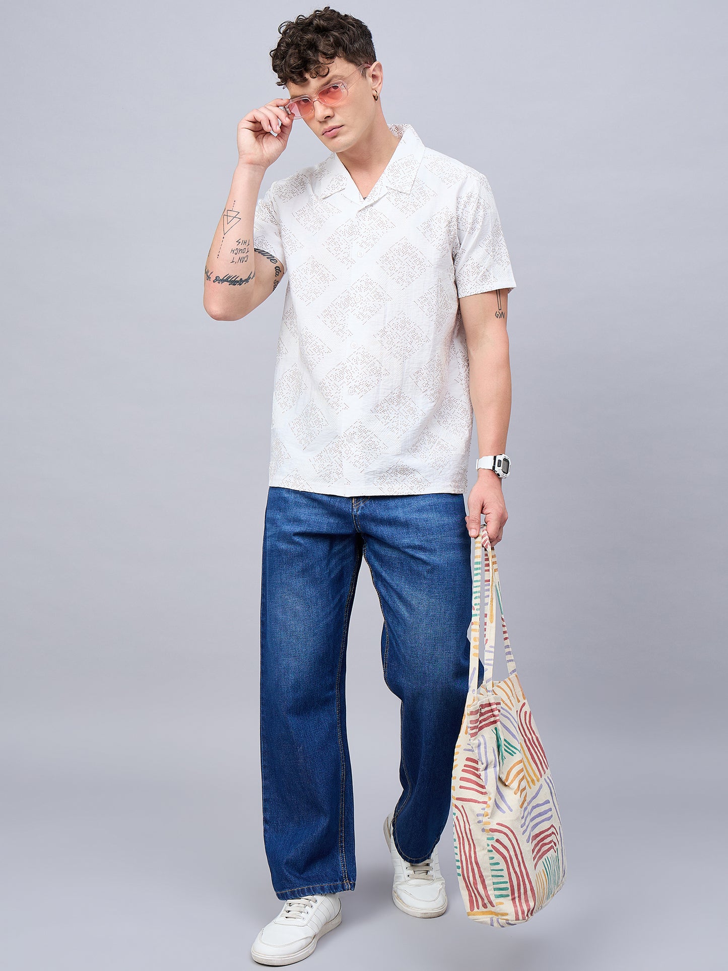 Men Self Design Printed Half Sleeve White Shirt - Reprise