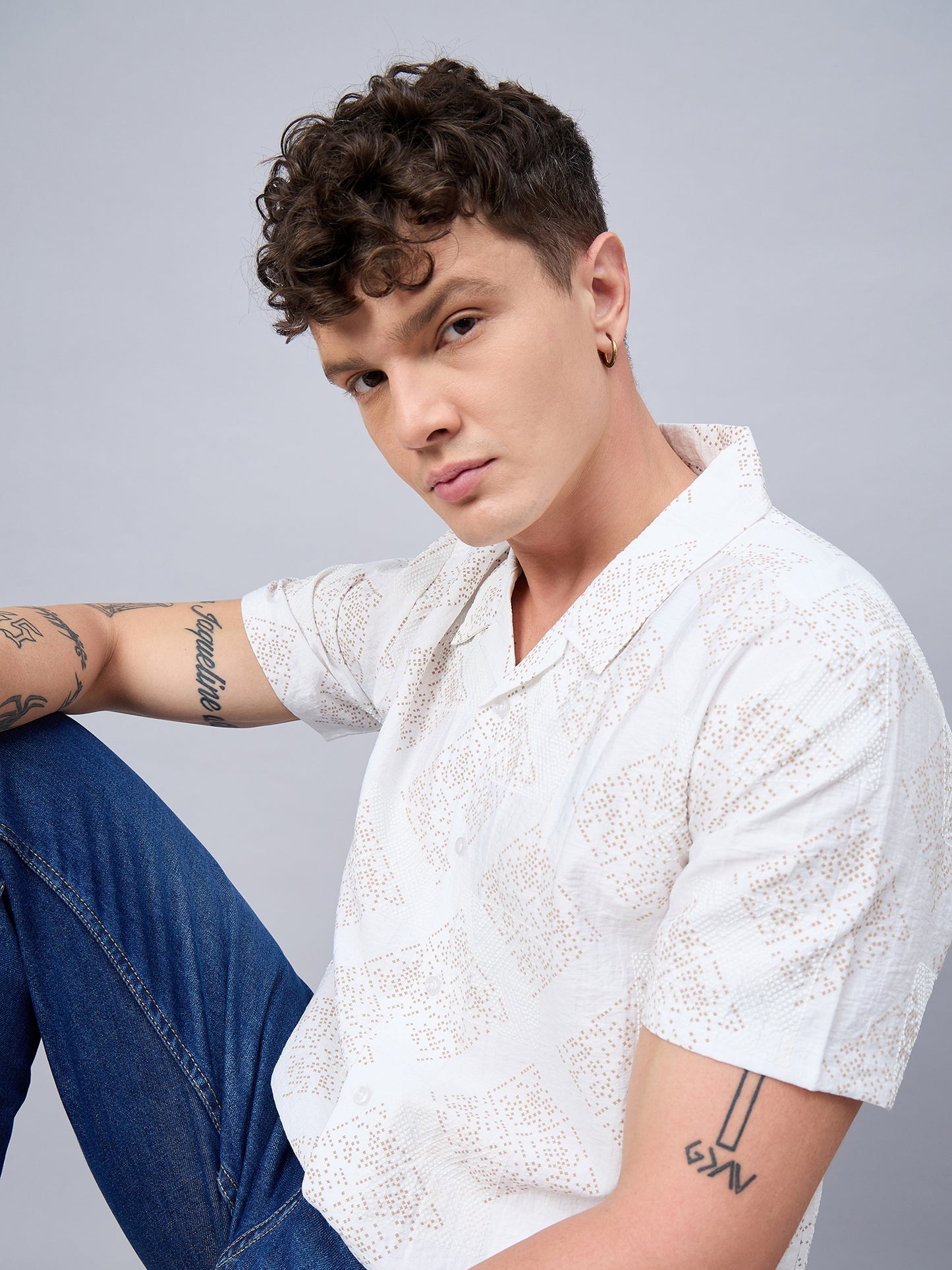 Men Self Design Printed Half Sleeve White Shirt - Reprise