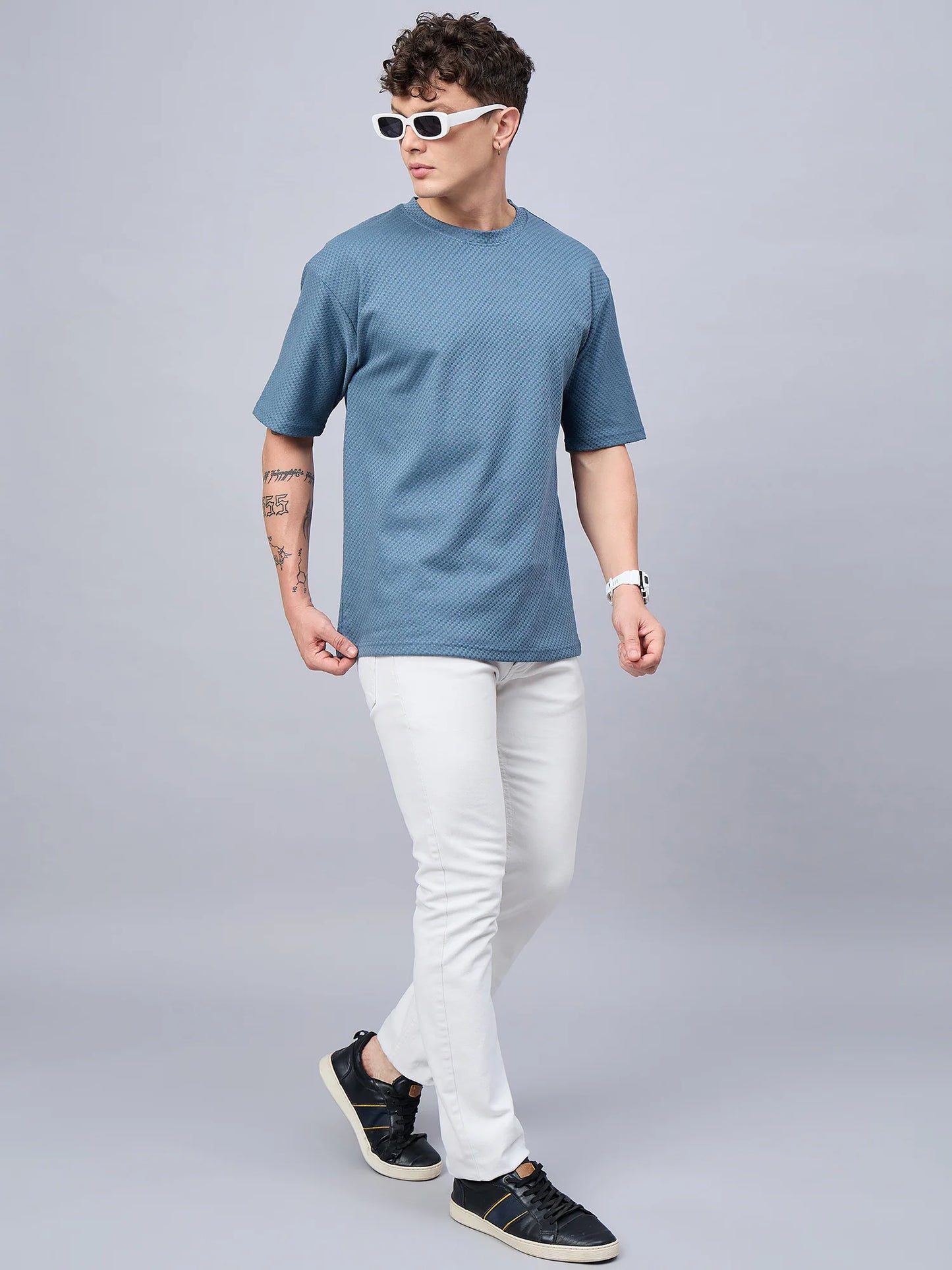 Men Oversized Textured Round Neck Drop Shoulder T-shirt Teal