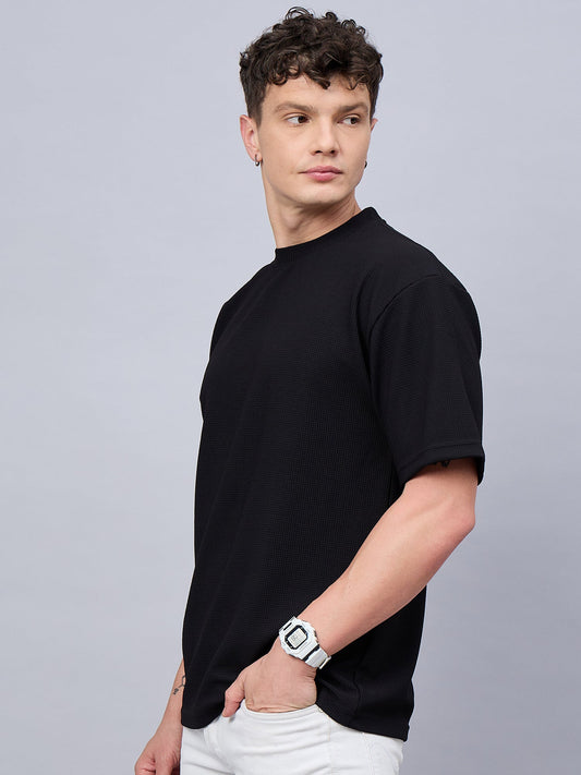 Men Oversized Textured Round Neck Drop Shoulder T-shirt Black