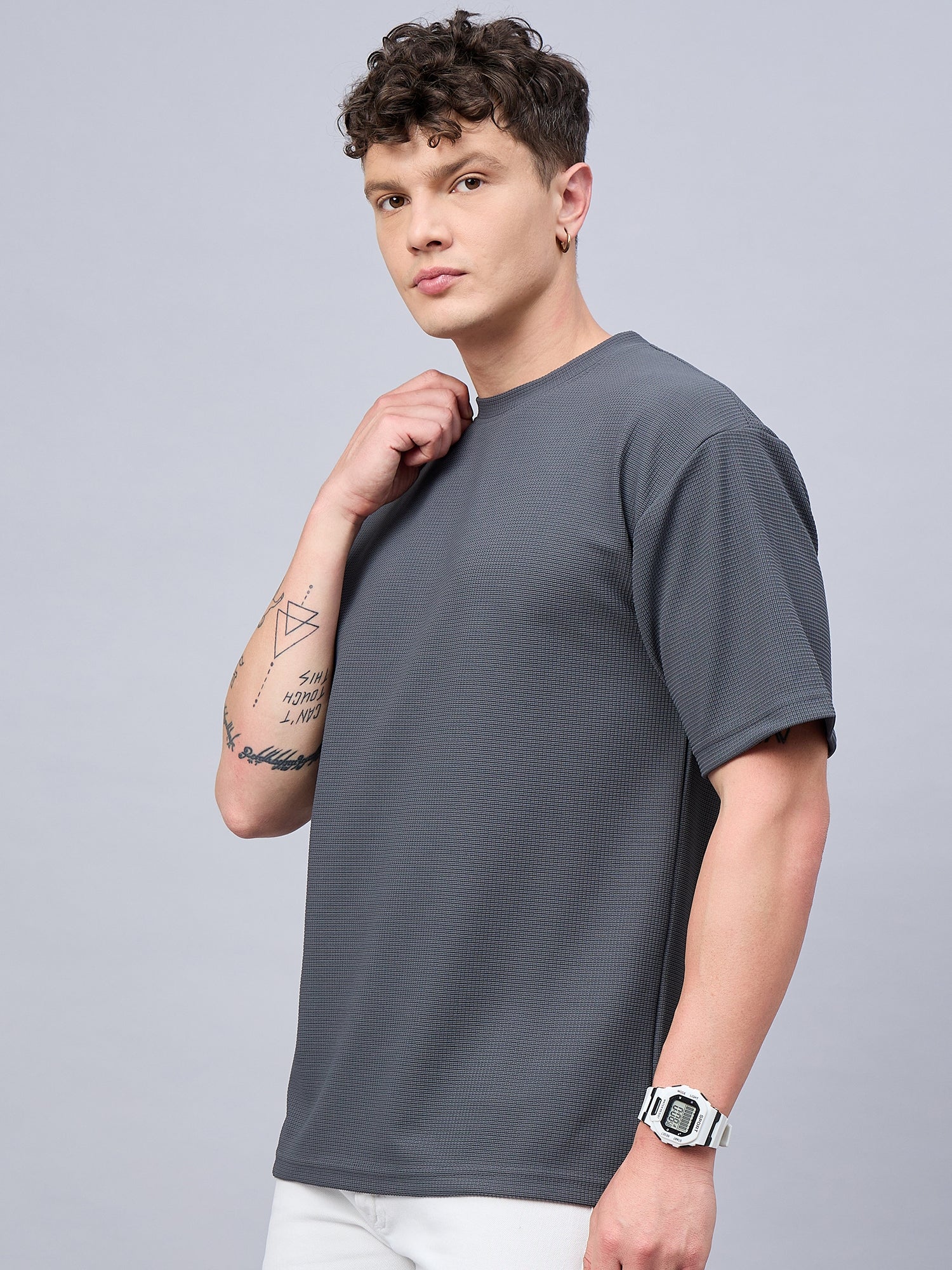 Men Oversized Round Neck Drop Shoulder T-shirt Grey