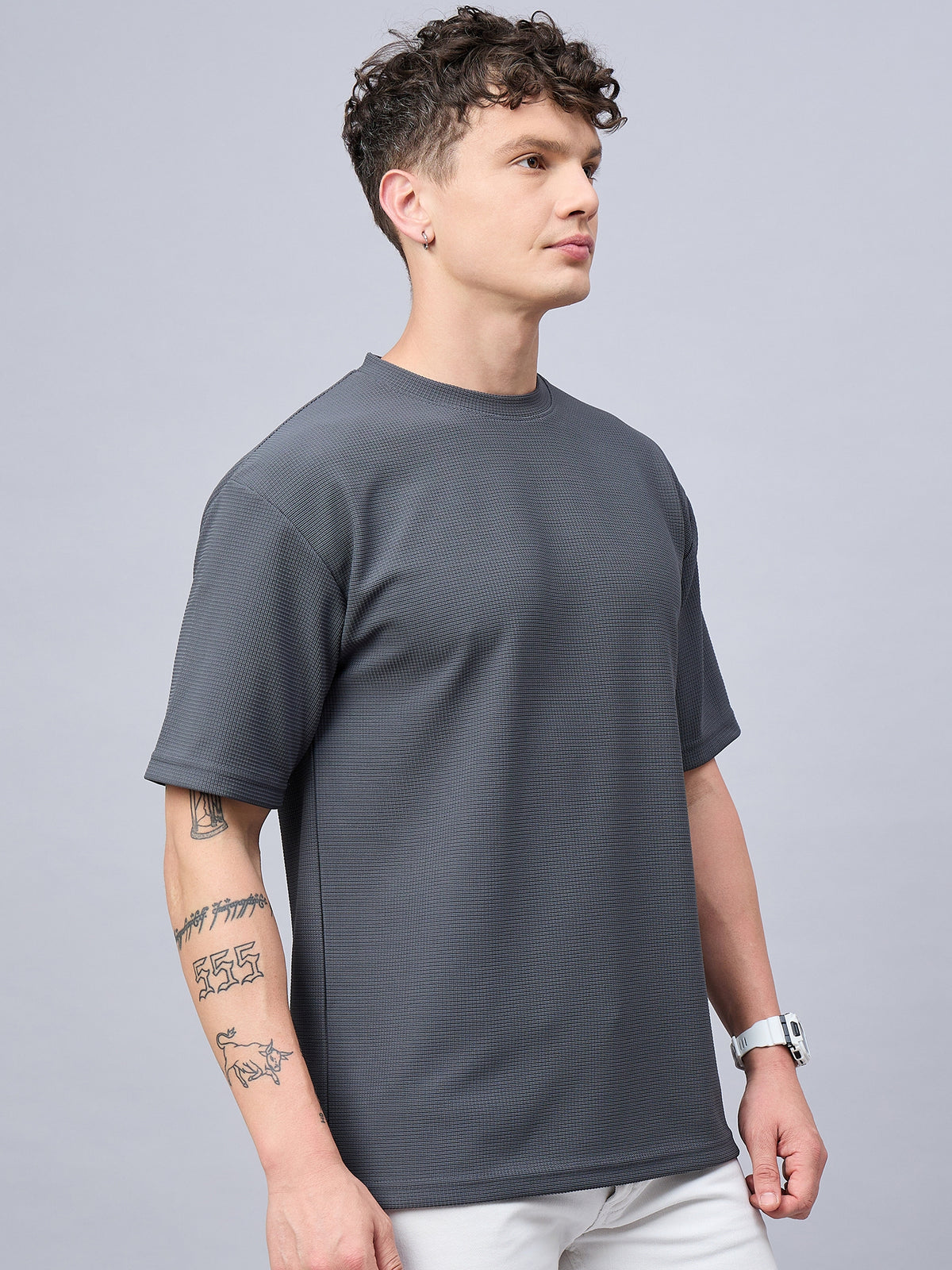 Men Oversized Round Neck Drop Shoulder T-shirt Grey