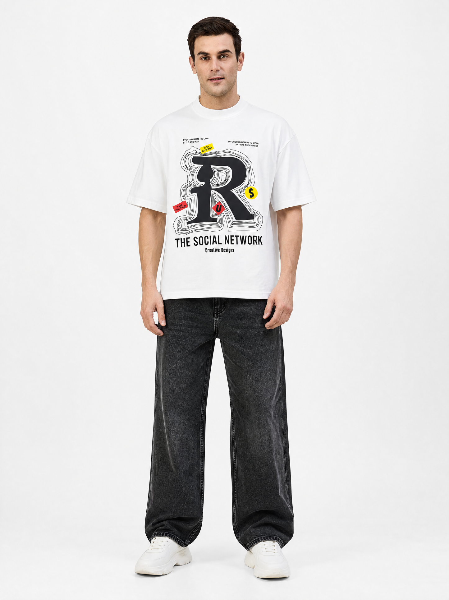 Men Oversized Printed Round Neck Drop shoulder T-shirt White