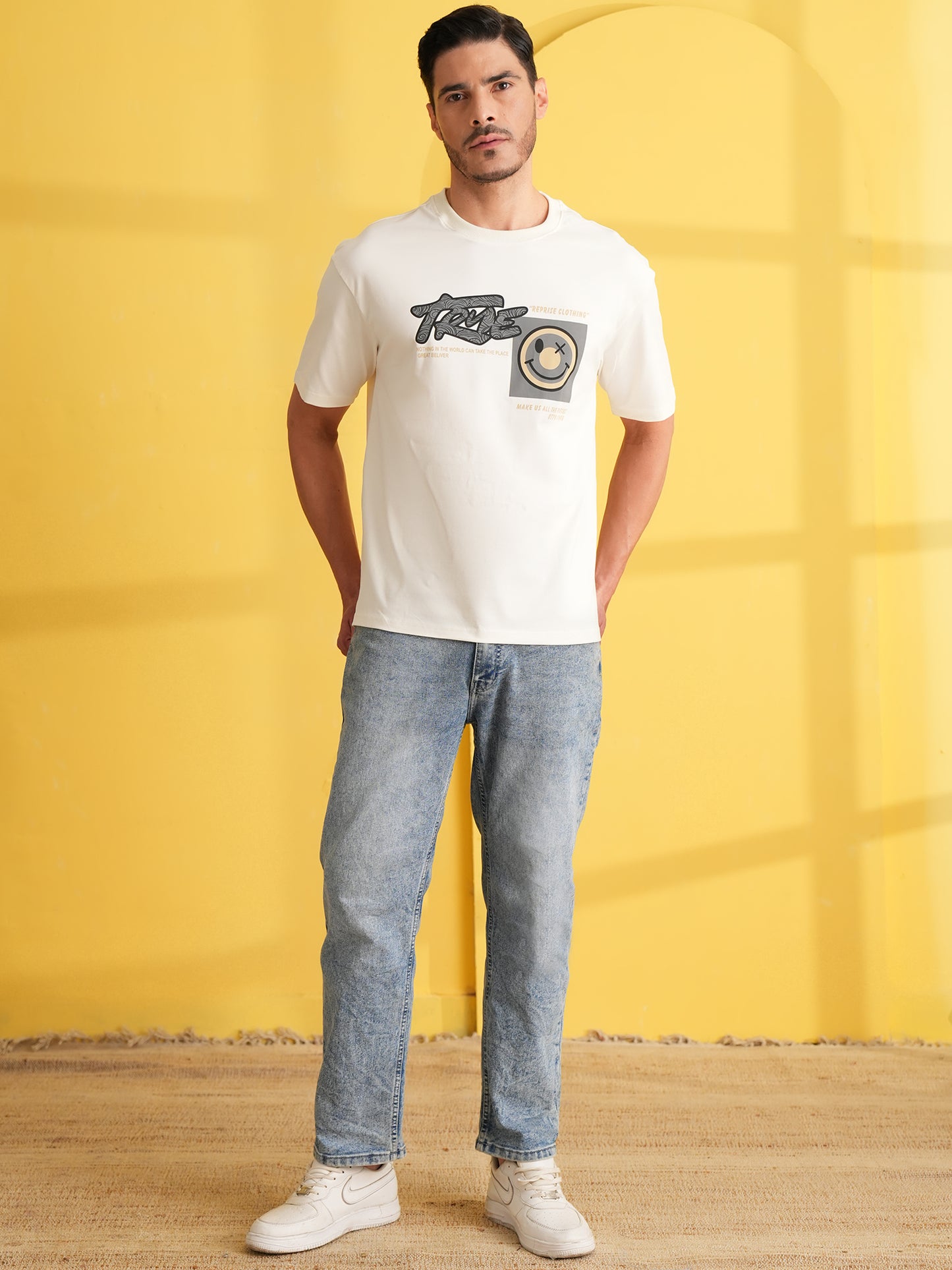 Men Oversize Printed Round Neck T-shirt White
