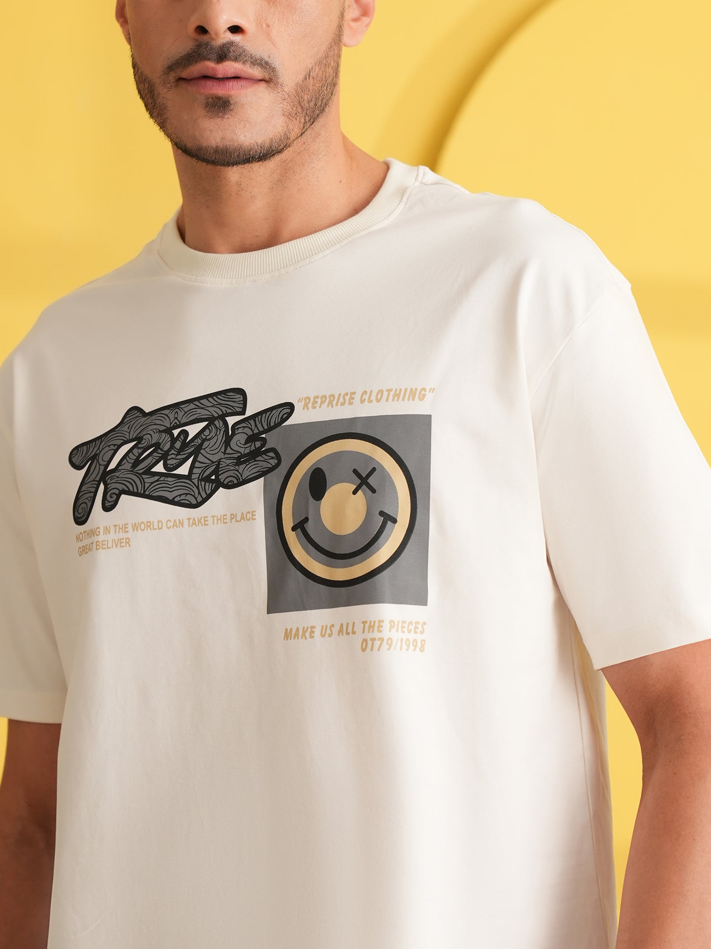 Men Oversize Printed Round Neck T-shirt White