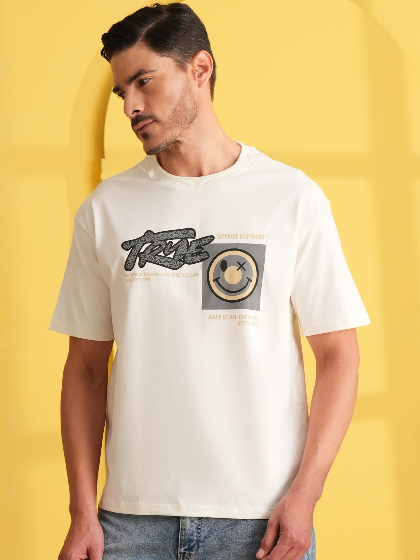 Men Oversize Printed Round Neck T-shirt White