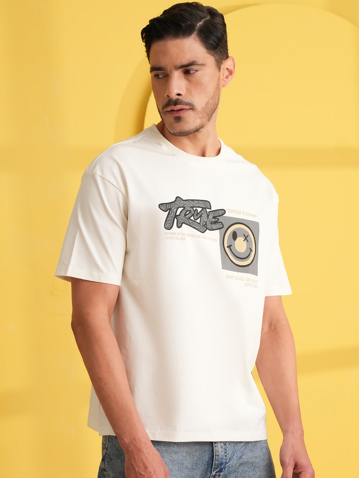 Men Oversize Printed Round Neck T-shirt White