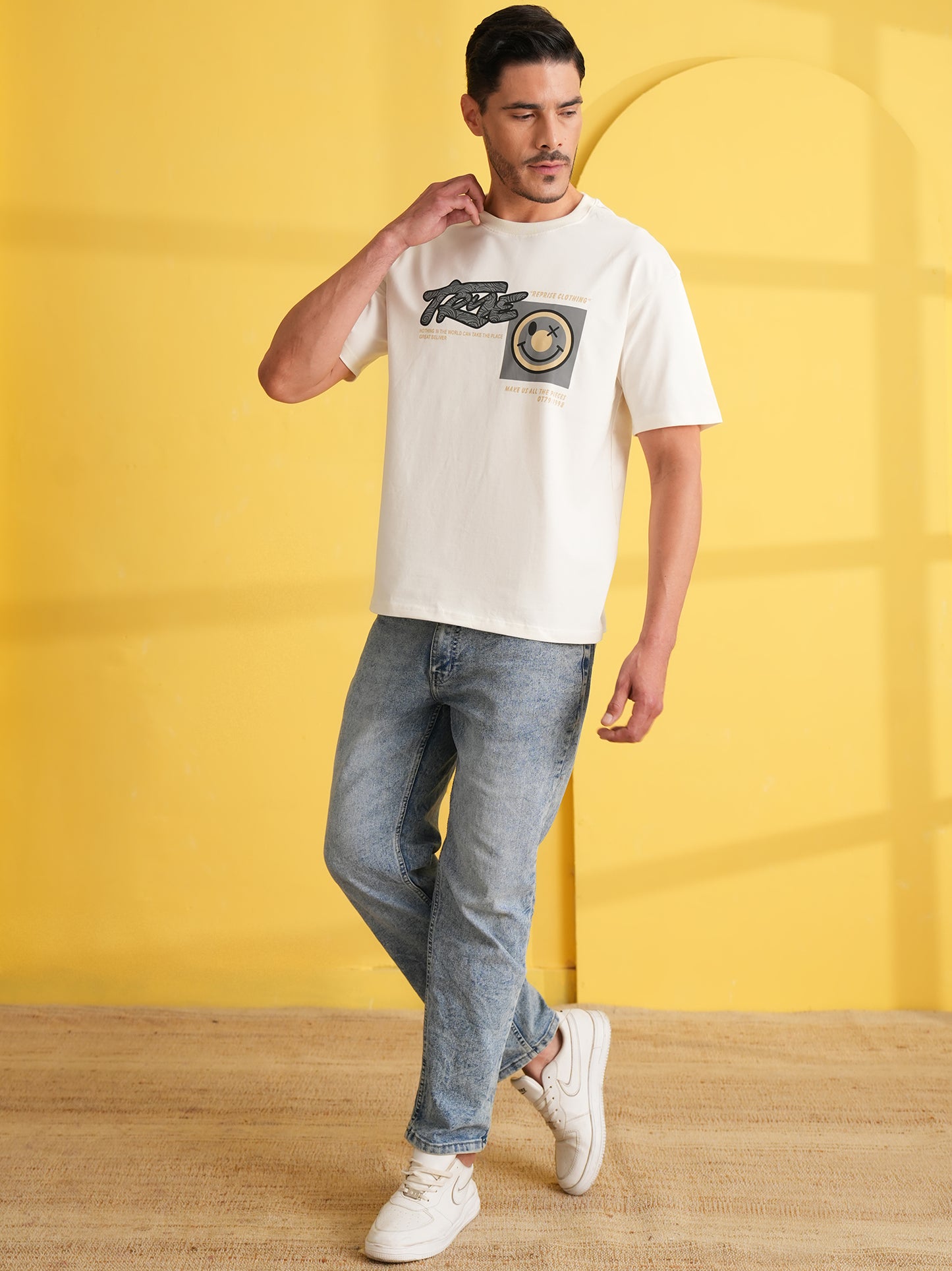 Men Oversize Printed Round Neck T-shirt White