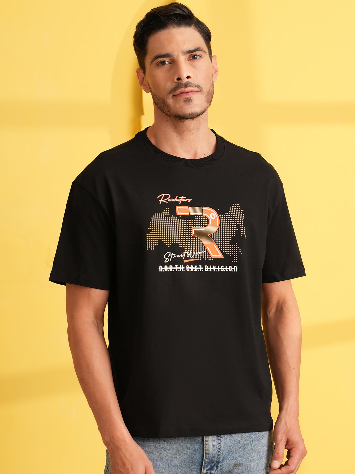 Men Oversize Printed Round Neck T-shirt Black - Reprise