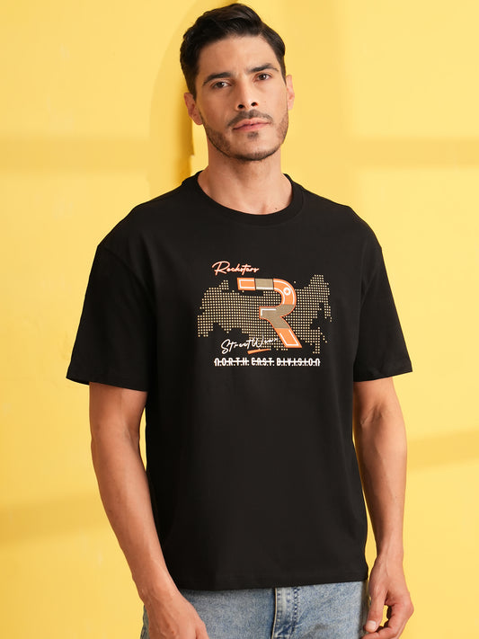 Men Oversize Printed Round Neck T-shirt Black